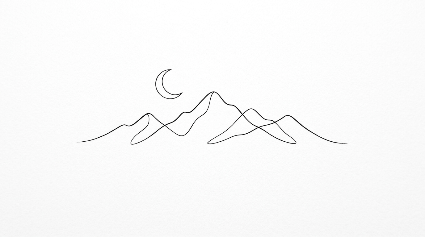 Минималистичный эскиз гор и луны одной линией
