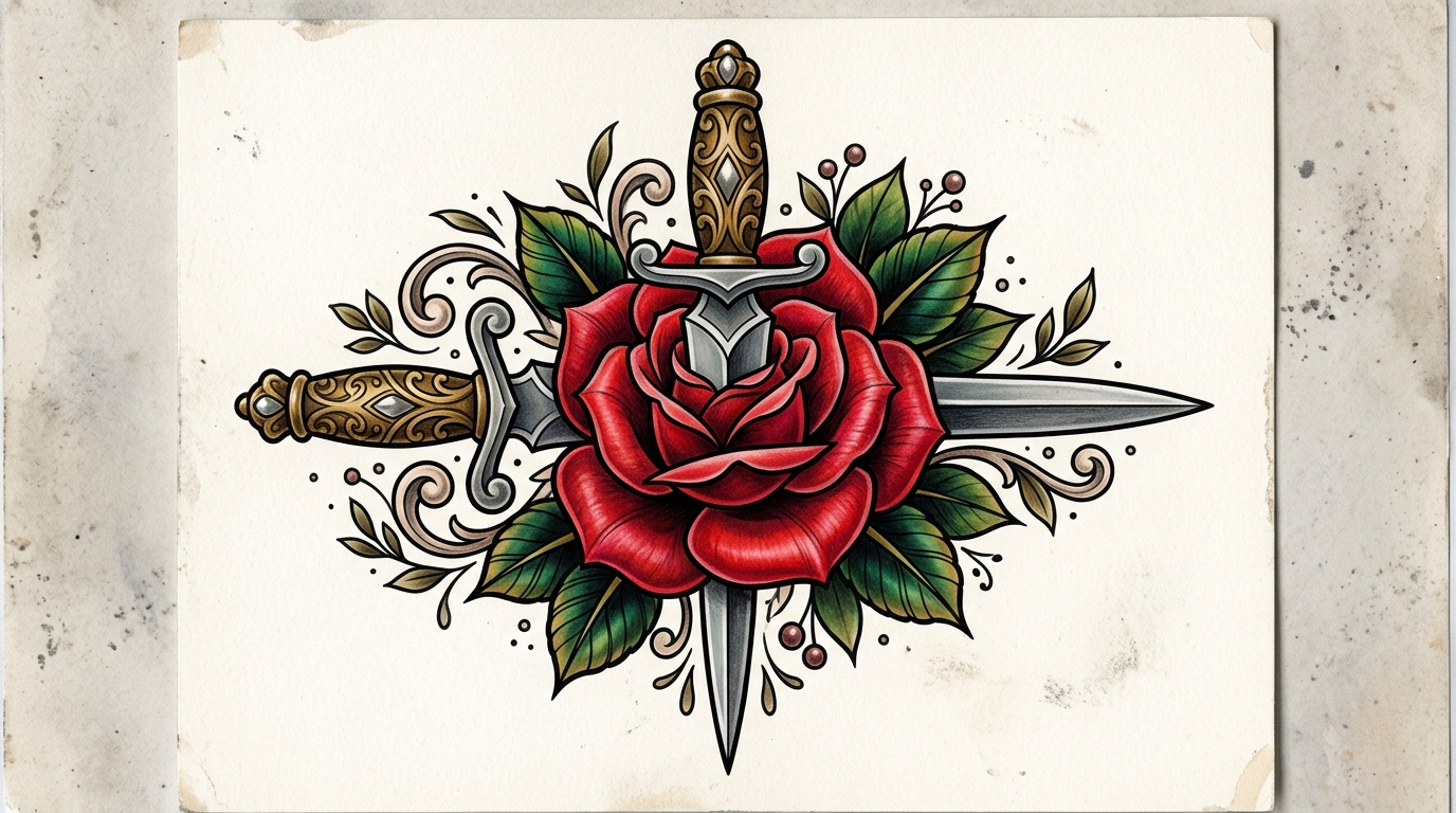 Neo-traditional эскиз розы с кинжалом