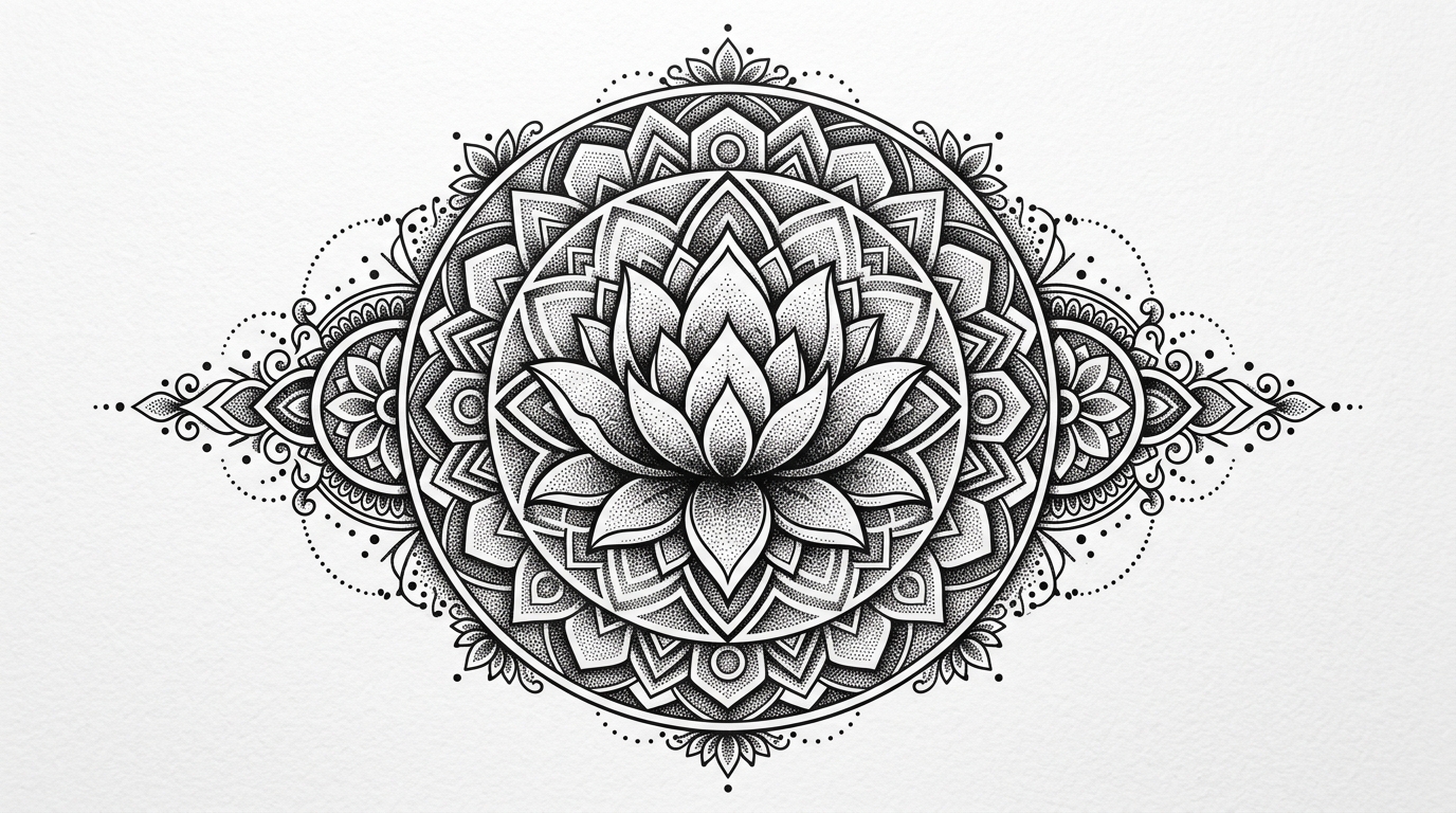Эскиз мандалы в технике дотворк с лотосом