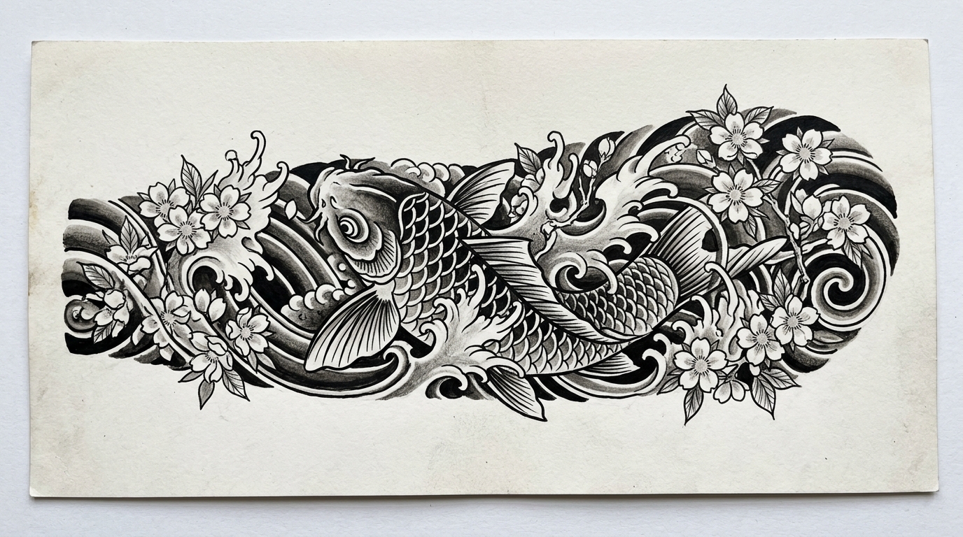 Японский эскиз карпа кои с сакурой