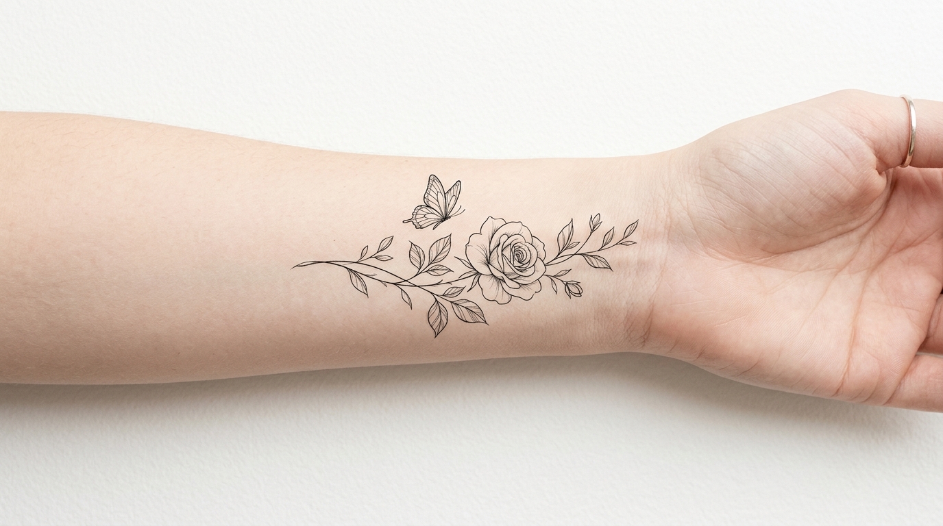 Fine line эскиз ботанической композиции с розой и бабочкой