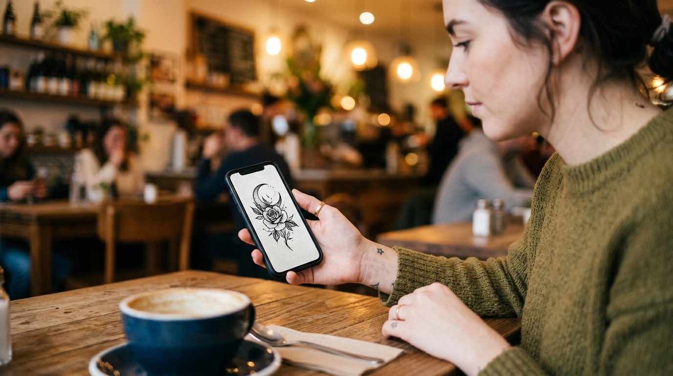 Девушка в кафе рассматривает эскиз тату на экране смартфона