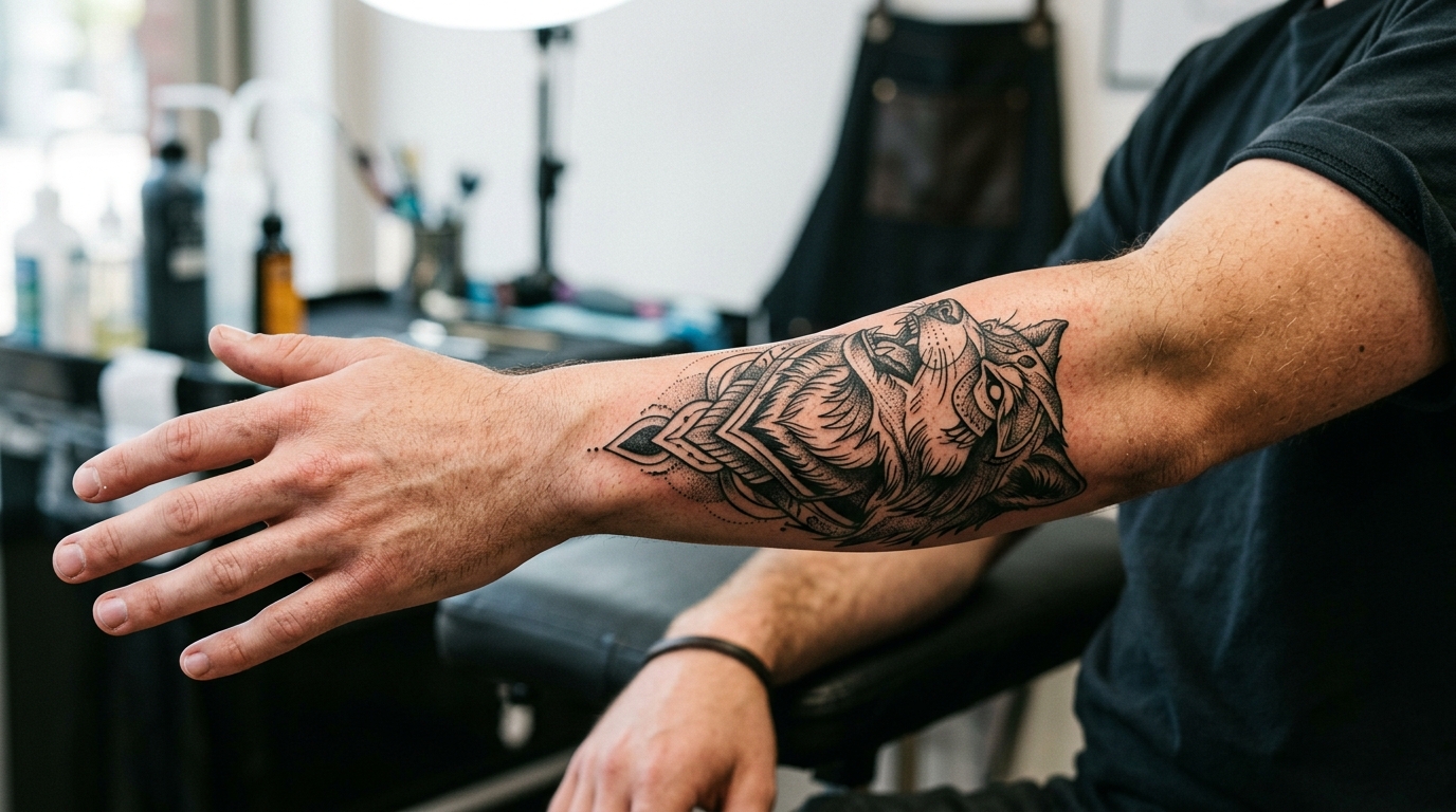 Готовая татуировка волка в стиле блэкворк на предплечье