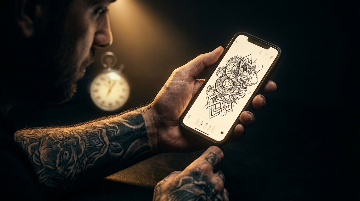 Обложка статьи: тату-мастер смотрит на эскиз в приложении, секундомер 5 минут