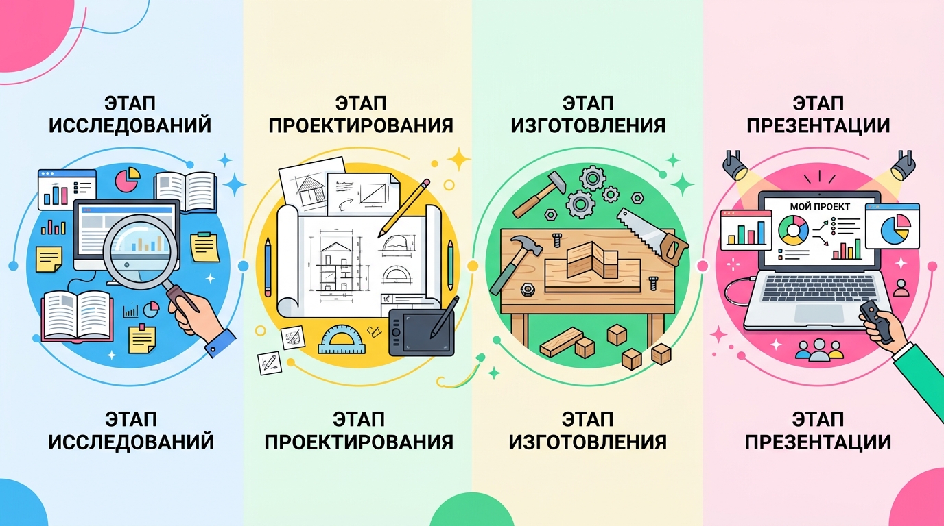 Четыре этапа творческого проекта по технологии: исследование, проектирование, изготовление, презентация