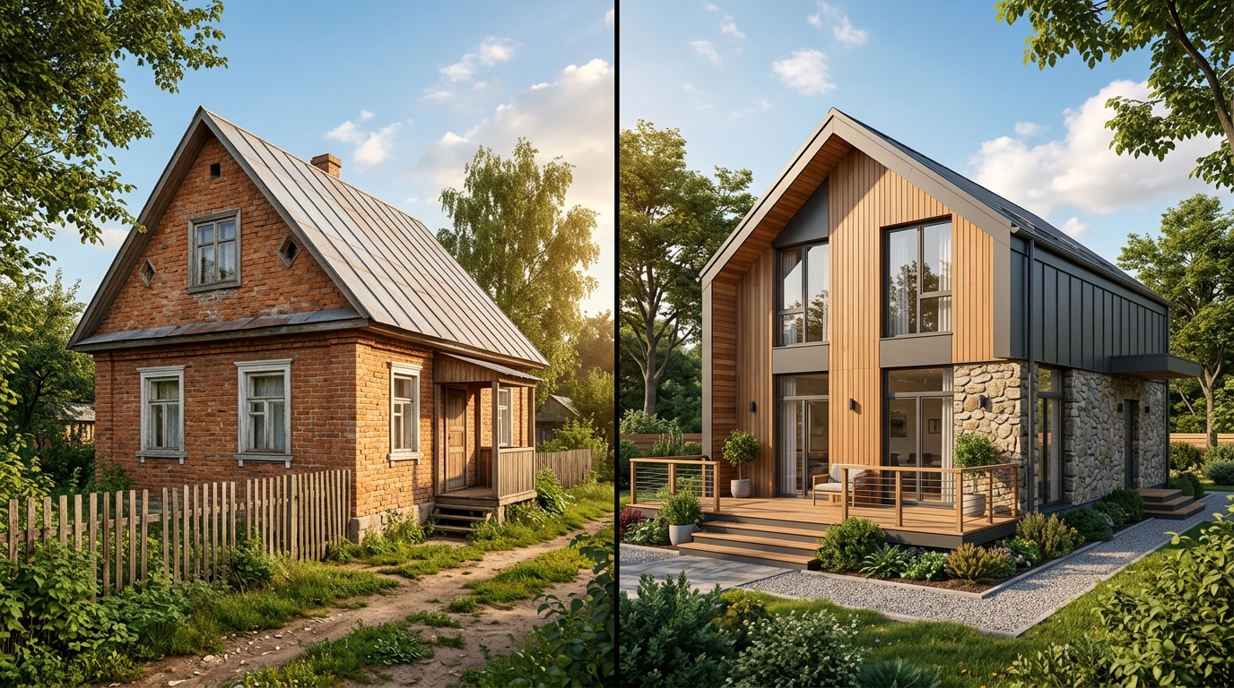 Пример визуализации фасада — старый кирпичный дом преобразован в современный дом с деревянной и каменной облицовкой