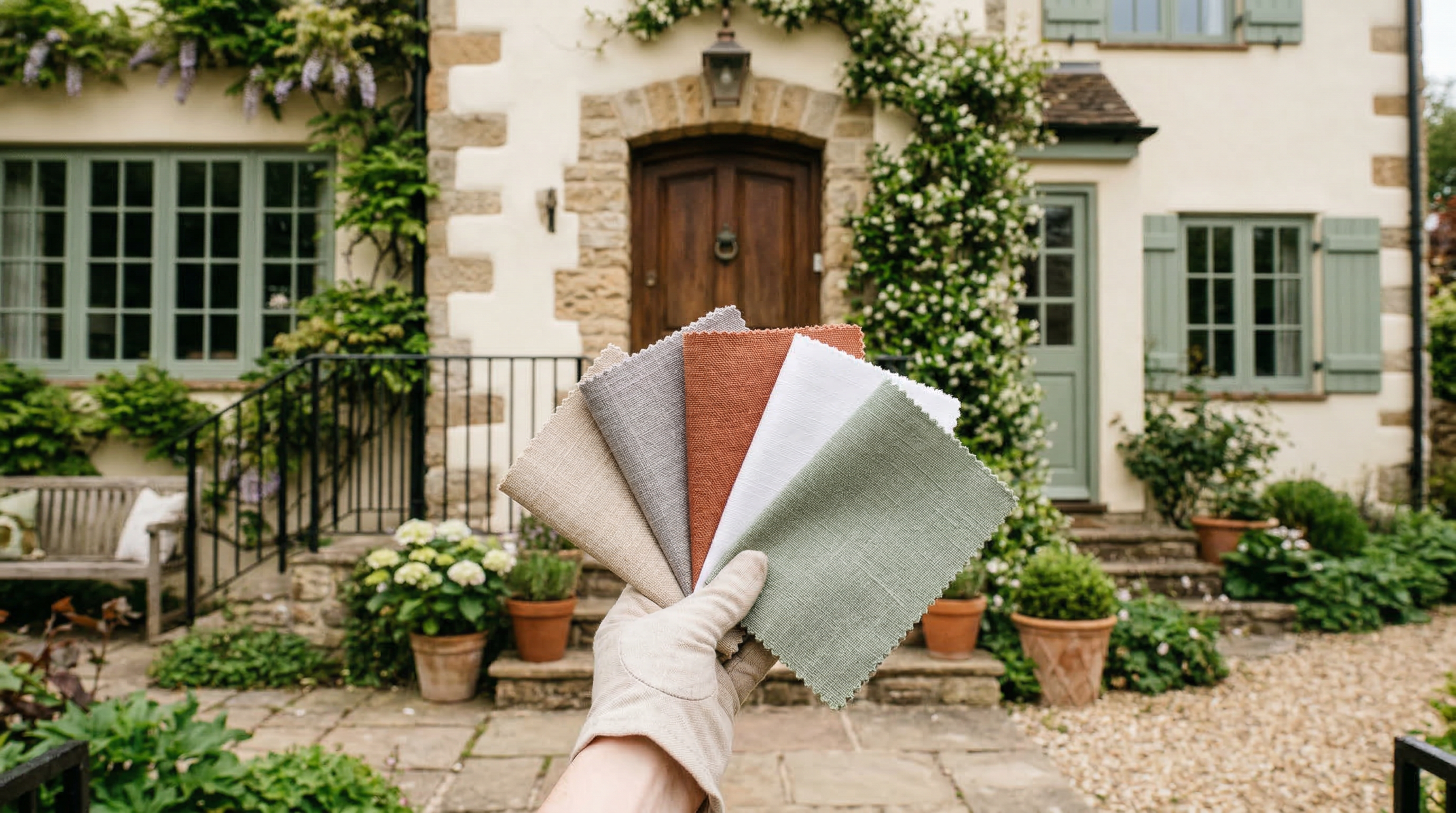 Палитра цветов для подбора фасада дома — бежевый, серый, терракотовый, белый, оливковый