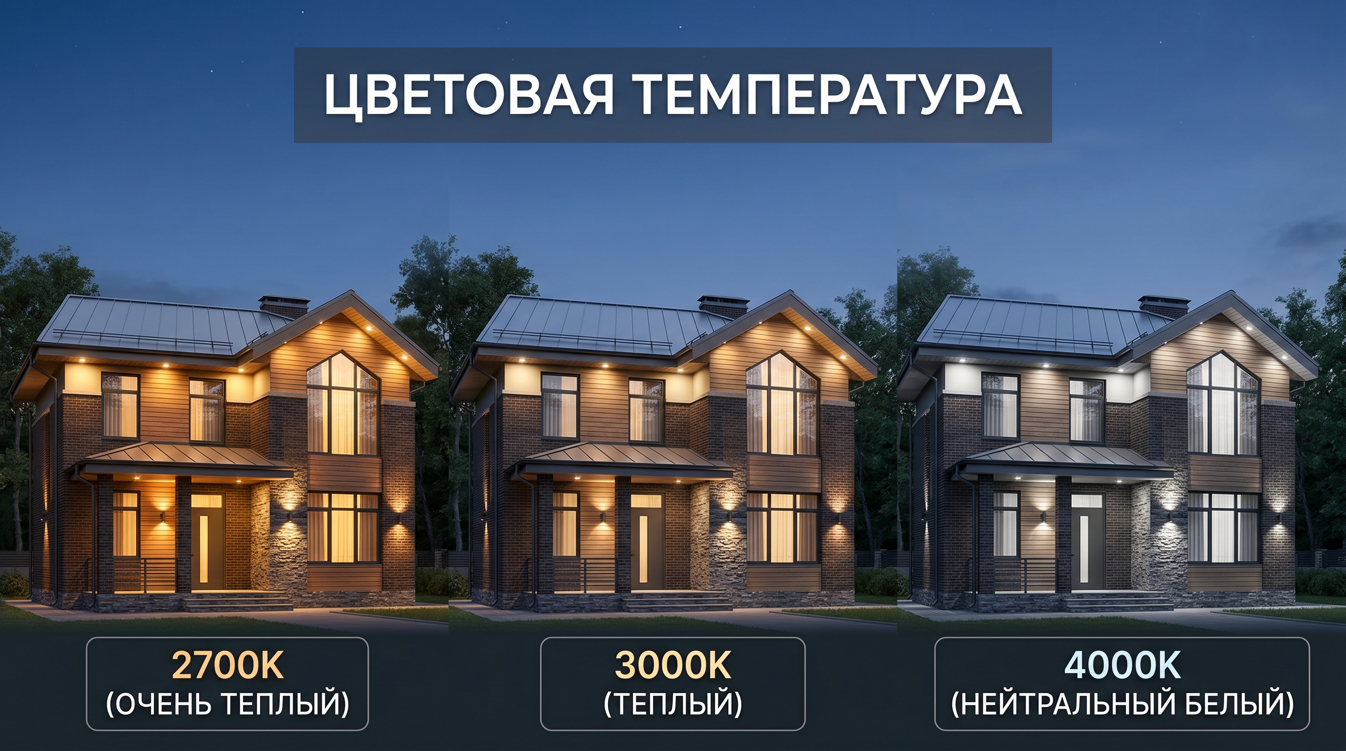 Сравнение цветовой температуры подсветки фасада — 2700K, 3000K и 4000K