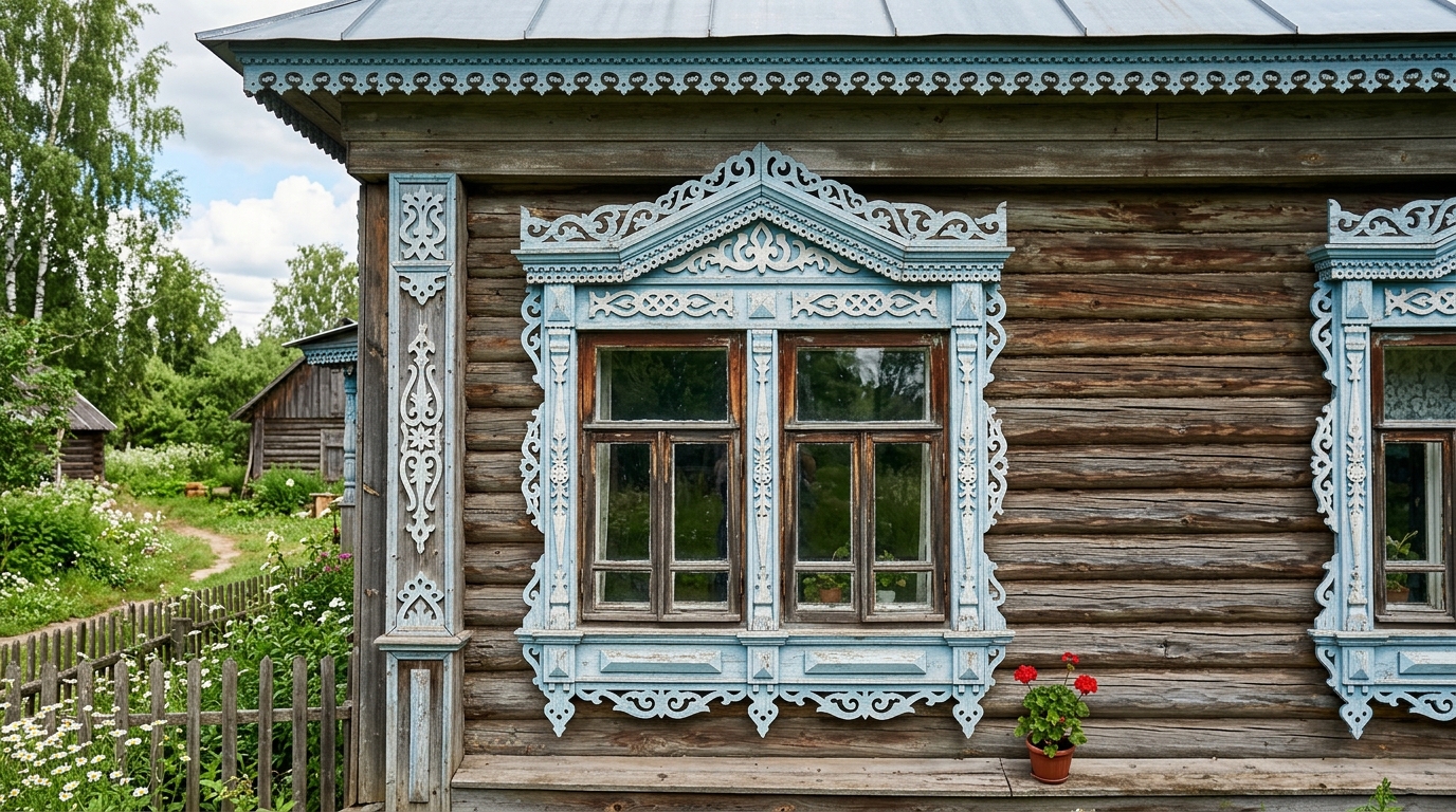 Резные наличники и декоративные накладки на старом фасаде