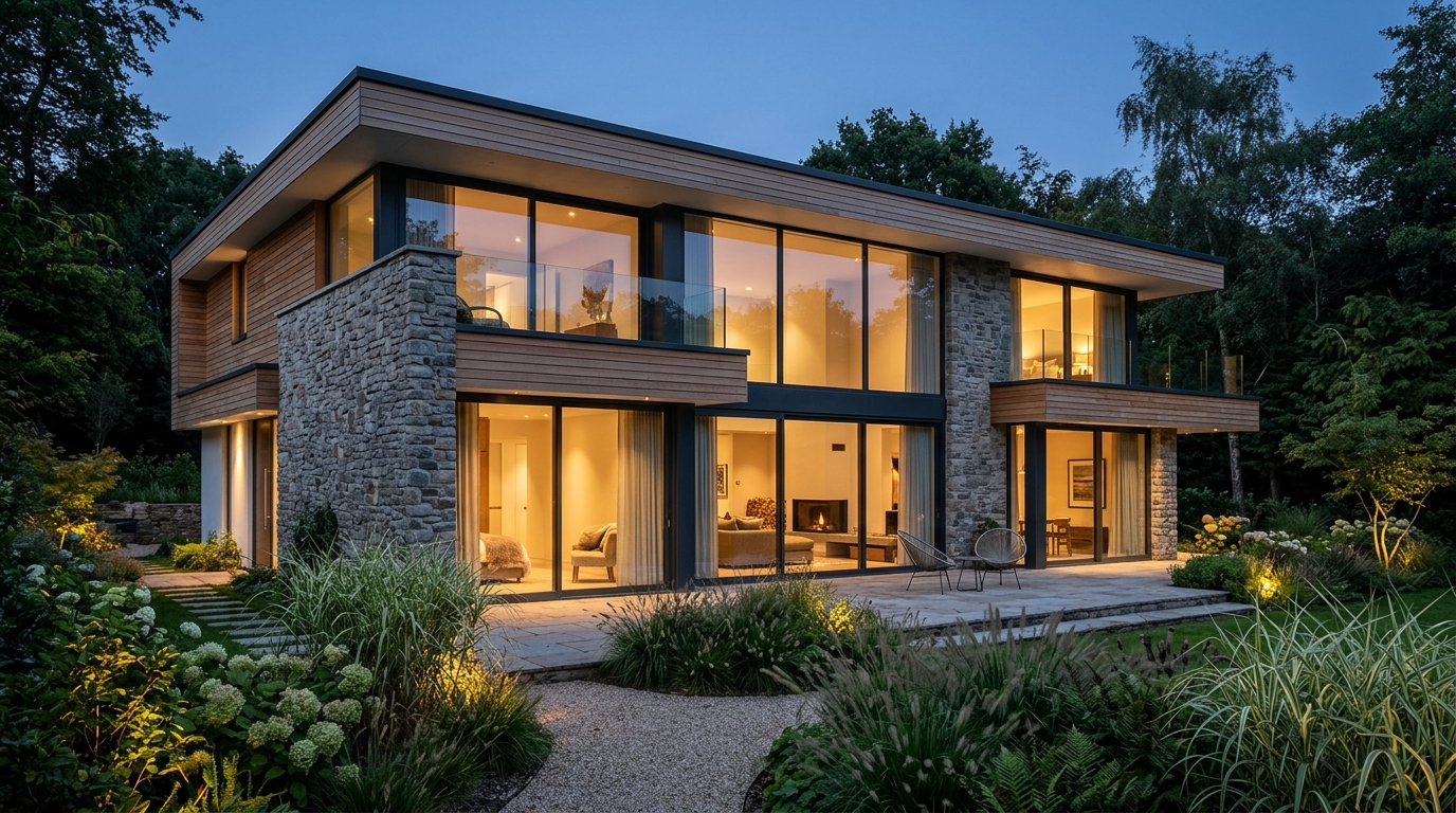 Современный дом с панорамными окнами и комбинированной облицовкой из камня и дерева — пример визуализации фасада нейросетью