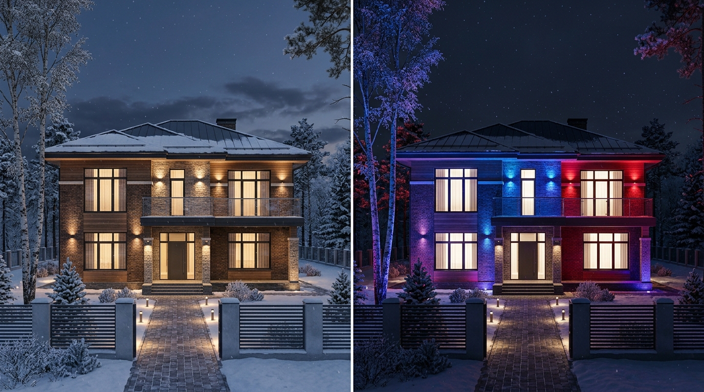 RGB подсветка фасада для праздников — обычный белый и цветной режим