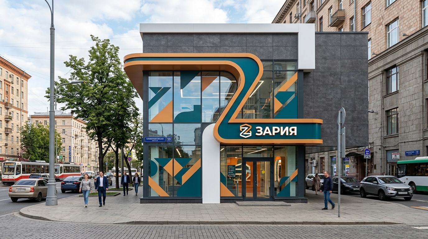 Магазин с фасадом, оформленным в фирменном стиле бренда