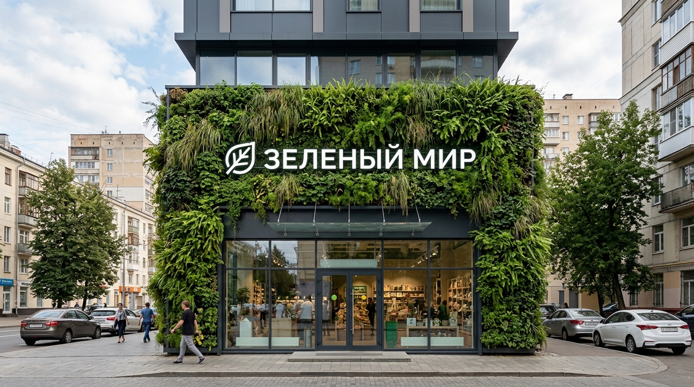Магазин с вертикальным озеленением фасада — фитостеной
