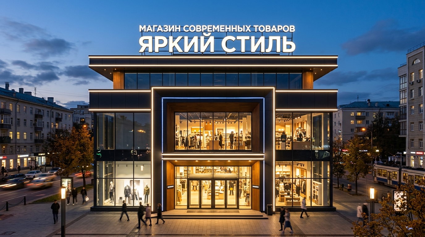 Магазин с яркой вывеской и контурной подсветкой фасада