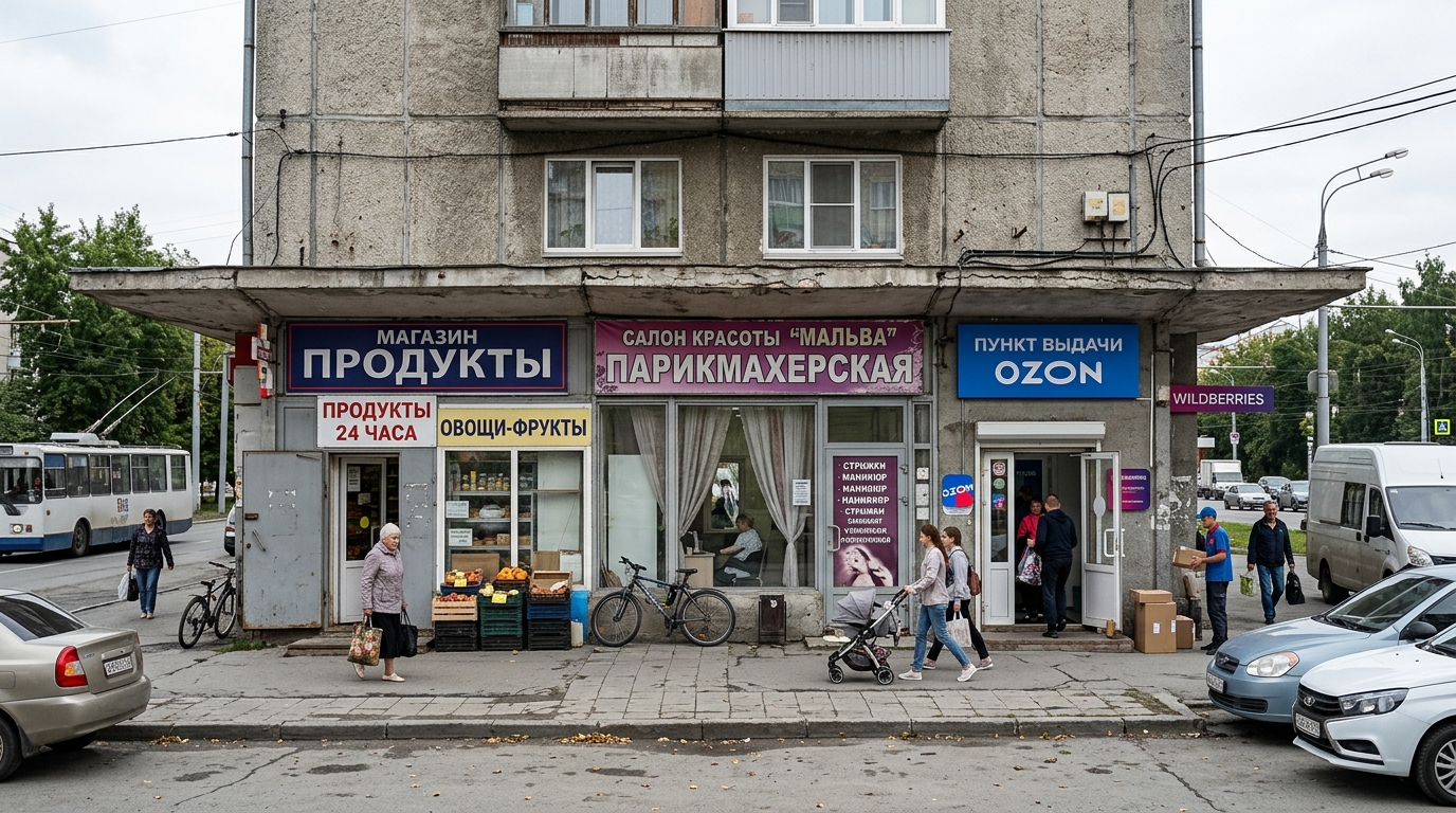 Коммерческие помещения на первом этаже жилого дома с разными вывесками