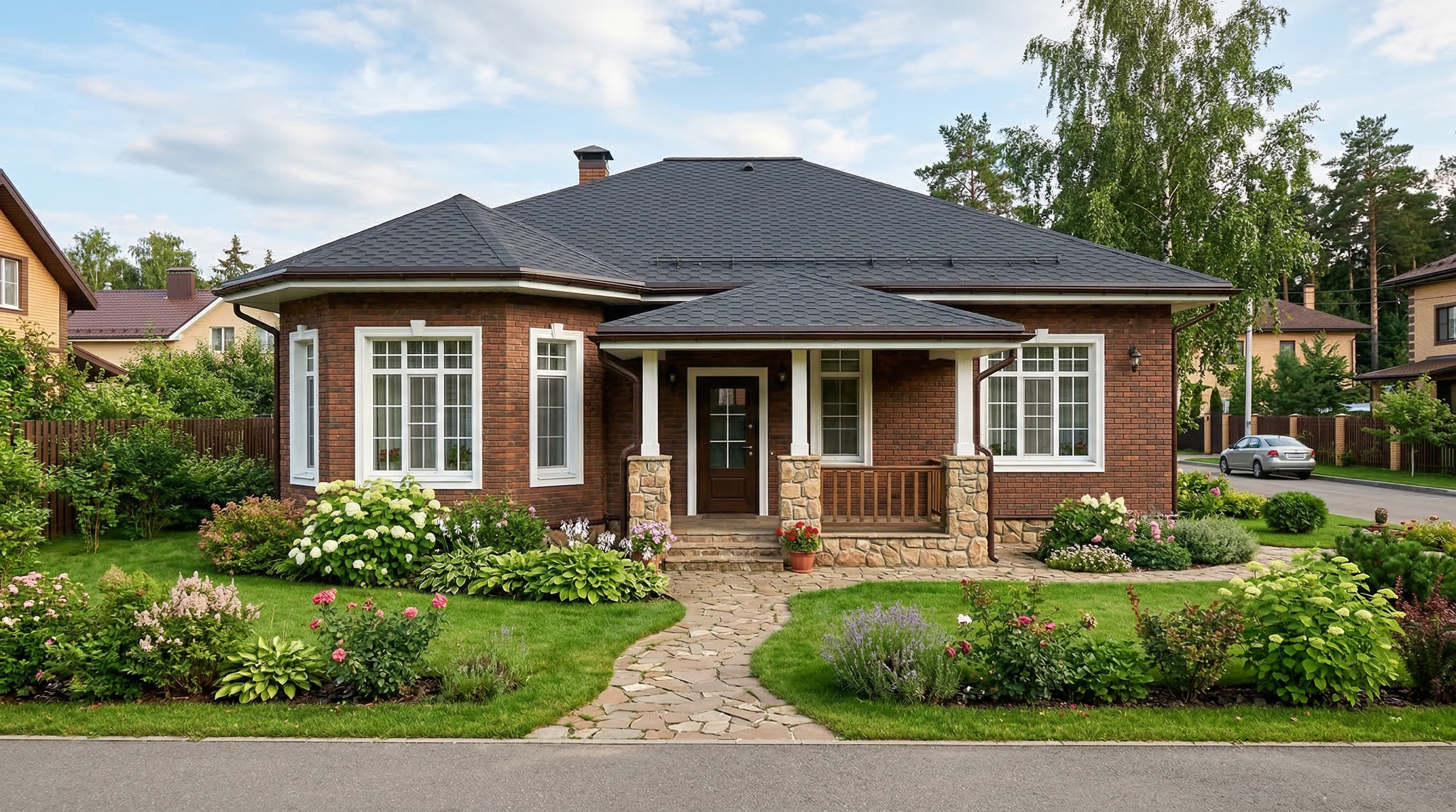 Одноэтажный кирпичный дом — красно-коричневый облицовочный кирпич, белые рамы, вальмовая кровля