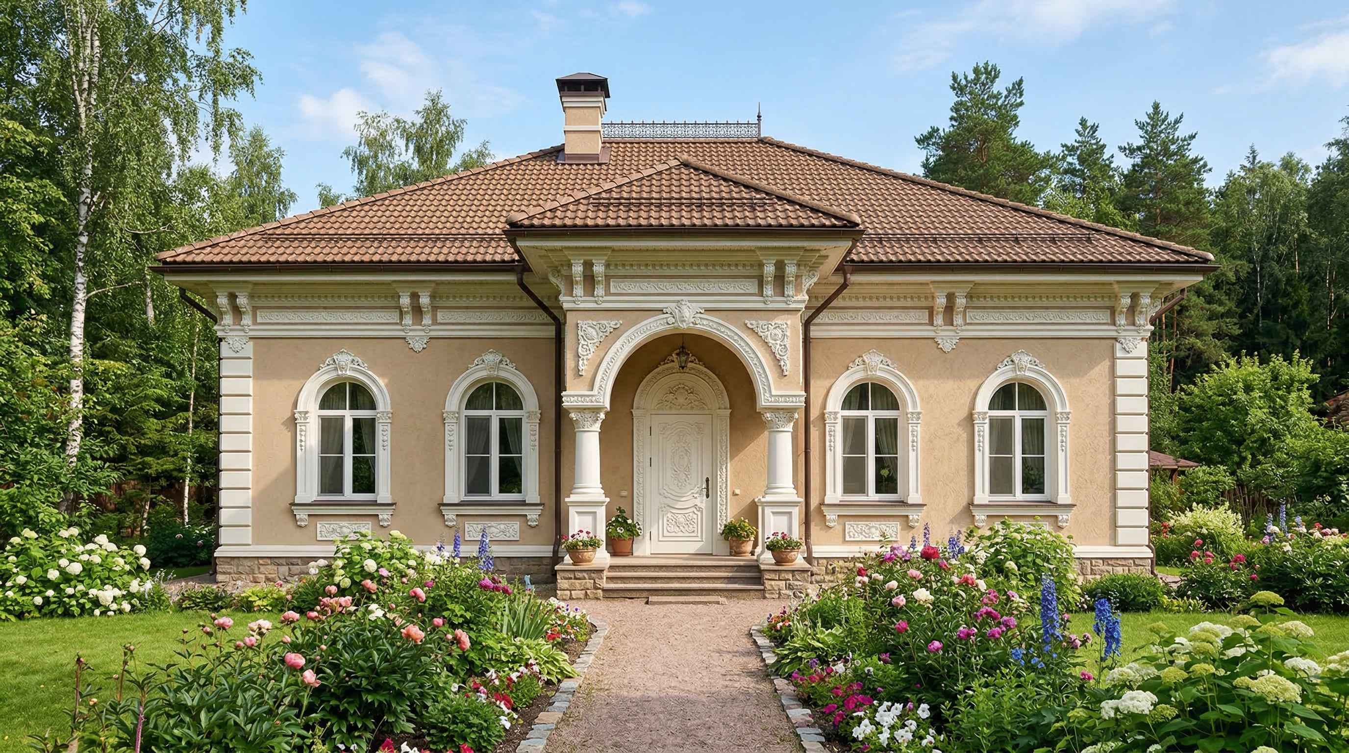 Классический одноэтажный дом — бежевая штукатурка, декоративные молдинги, арочный вход, вальмовая кровля