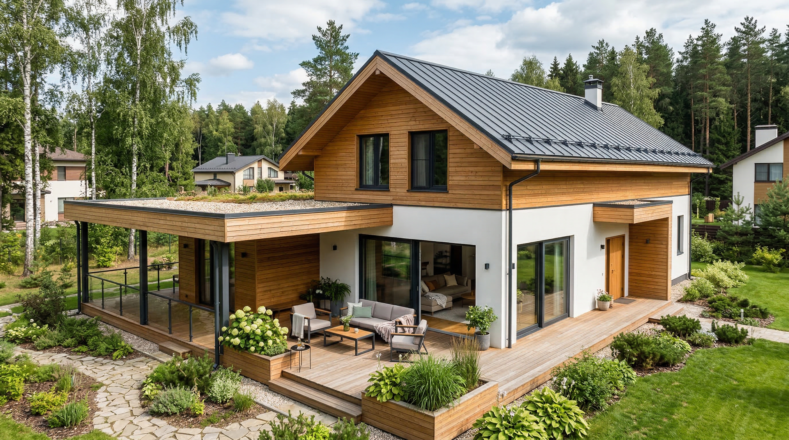 Одноэтажный дом с комбинированной отделкой — белая штукатурка внизу, натуральное дерево вверху, терраса