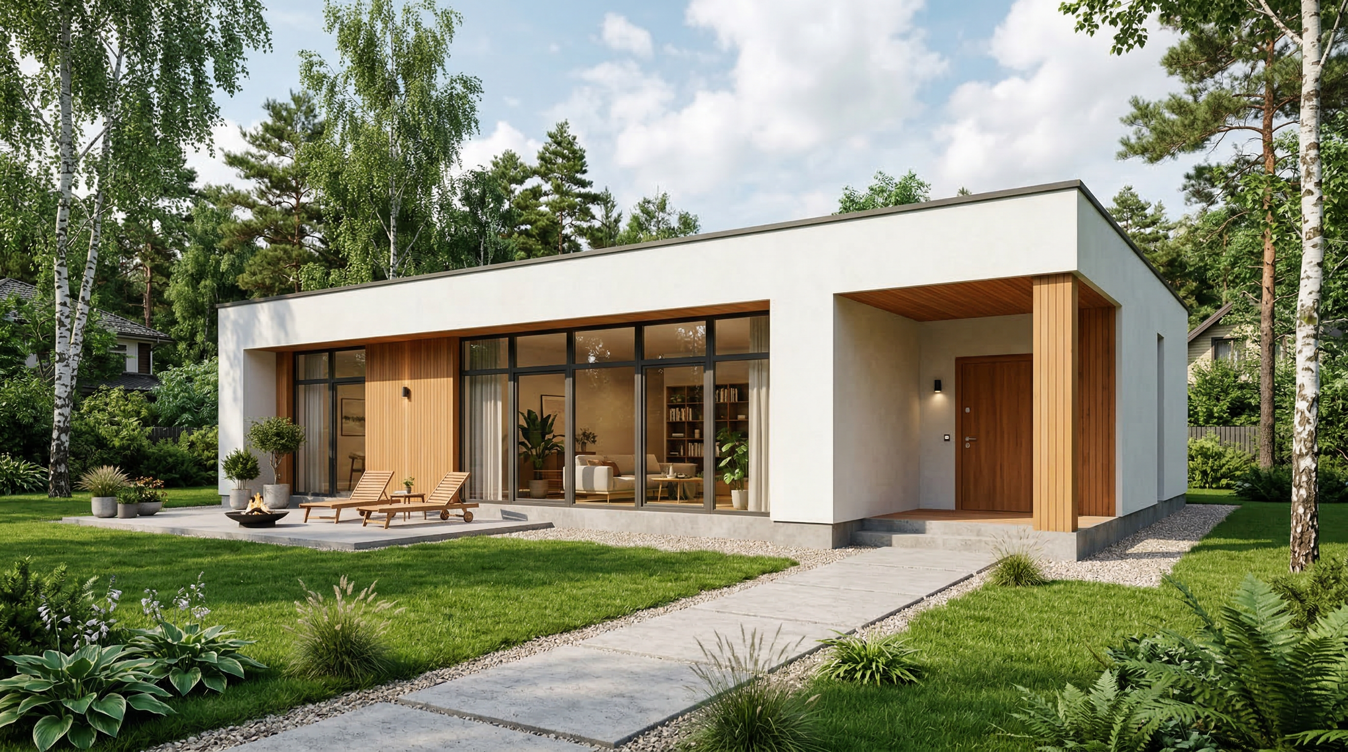 Одноэтажный дом в стиле минимализм — белый фасад, панорамные окна, плоская кровля, деревянные акценты
