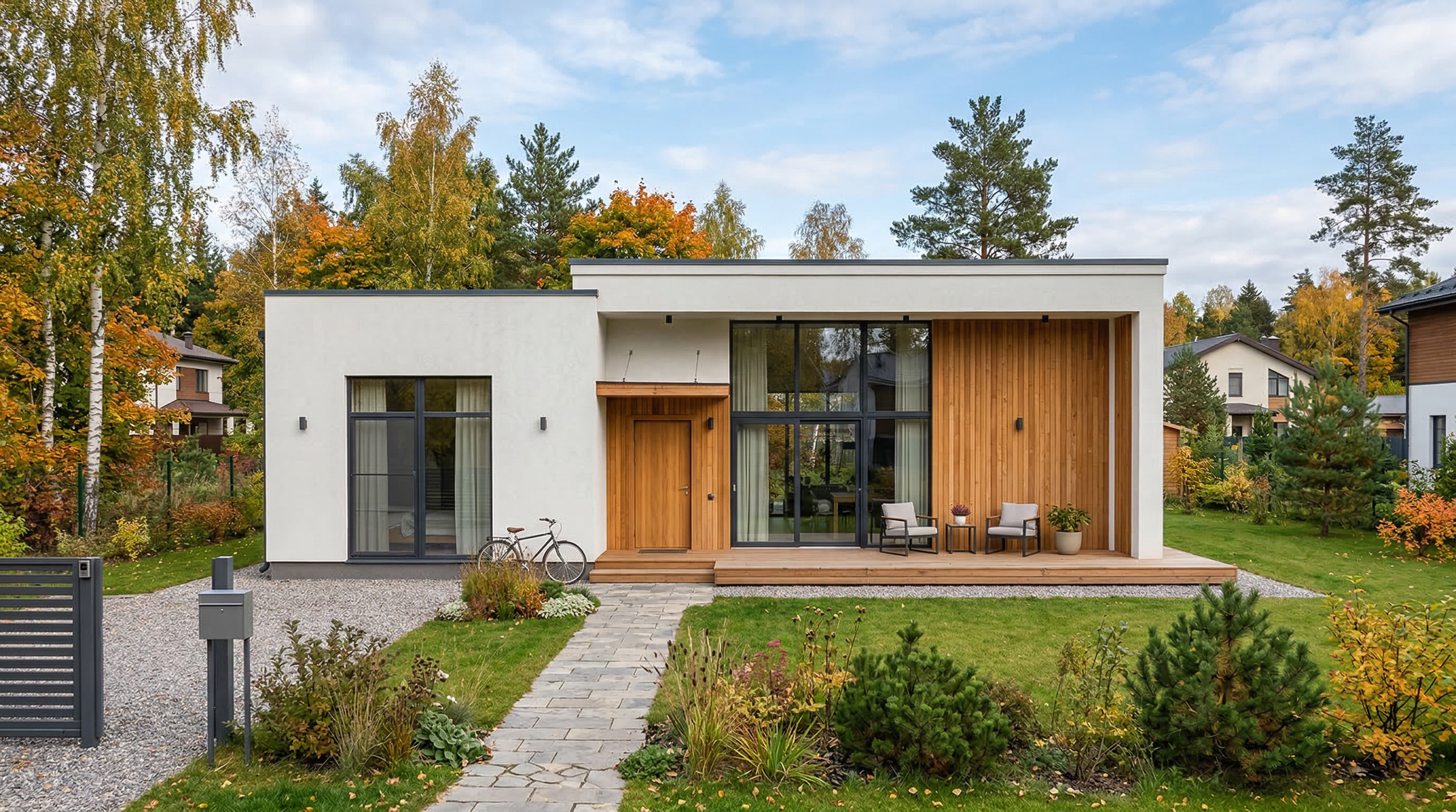 Одноэтажный дом в стиле минимализм — белый фасад, панорамные окна, плоская кровля