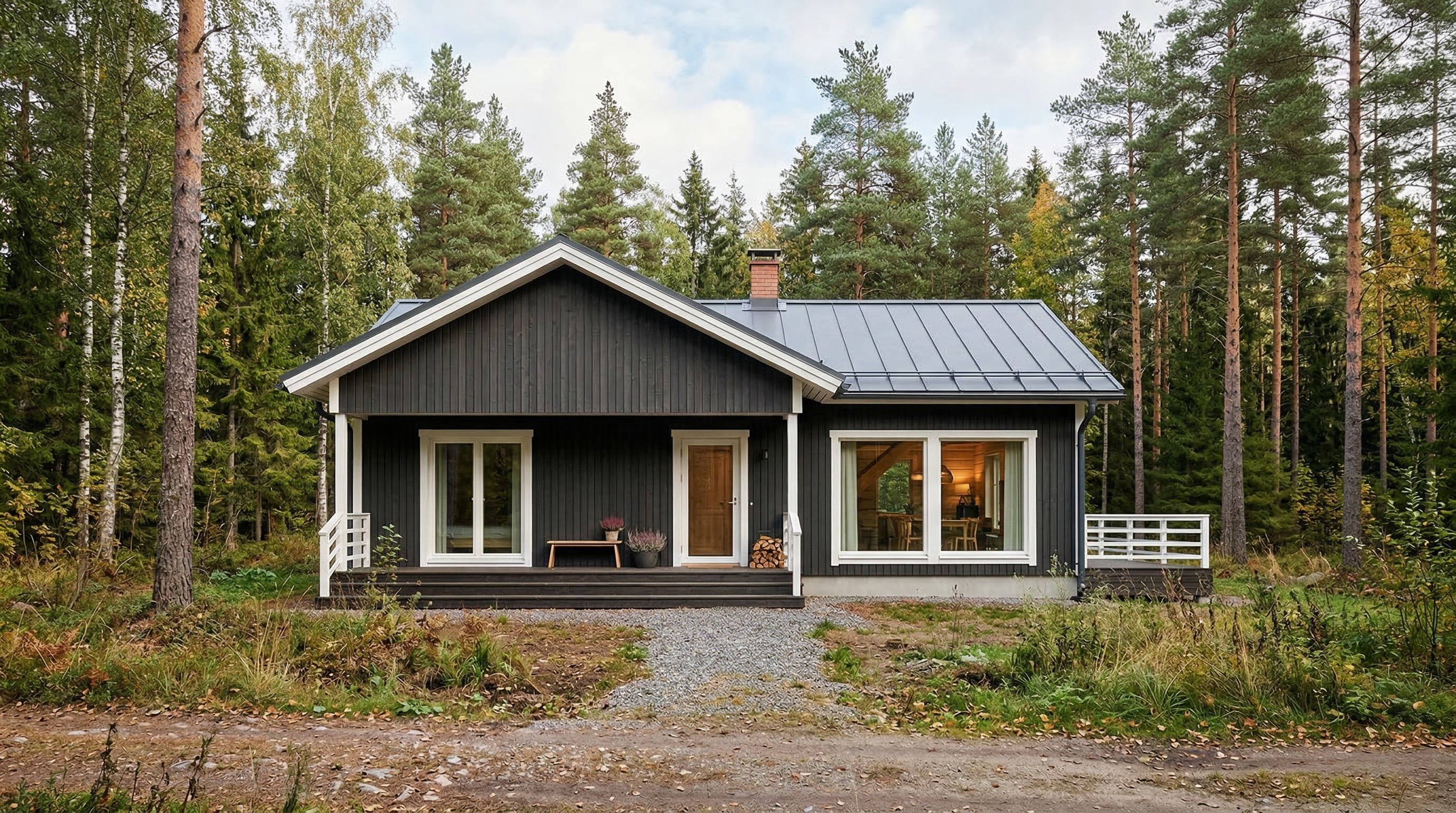 Одноэтажный дом в скандинавском стиле — тёмная вертикальная деревянная обшивка, белые рамы, двускатная кровля