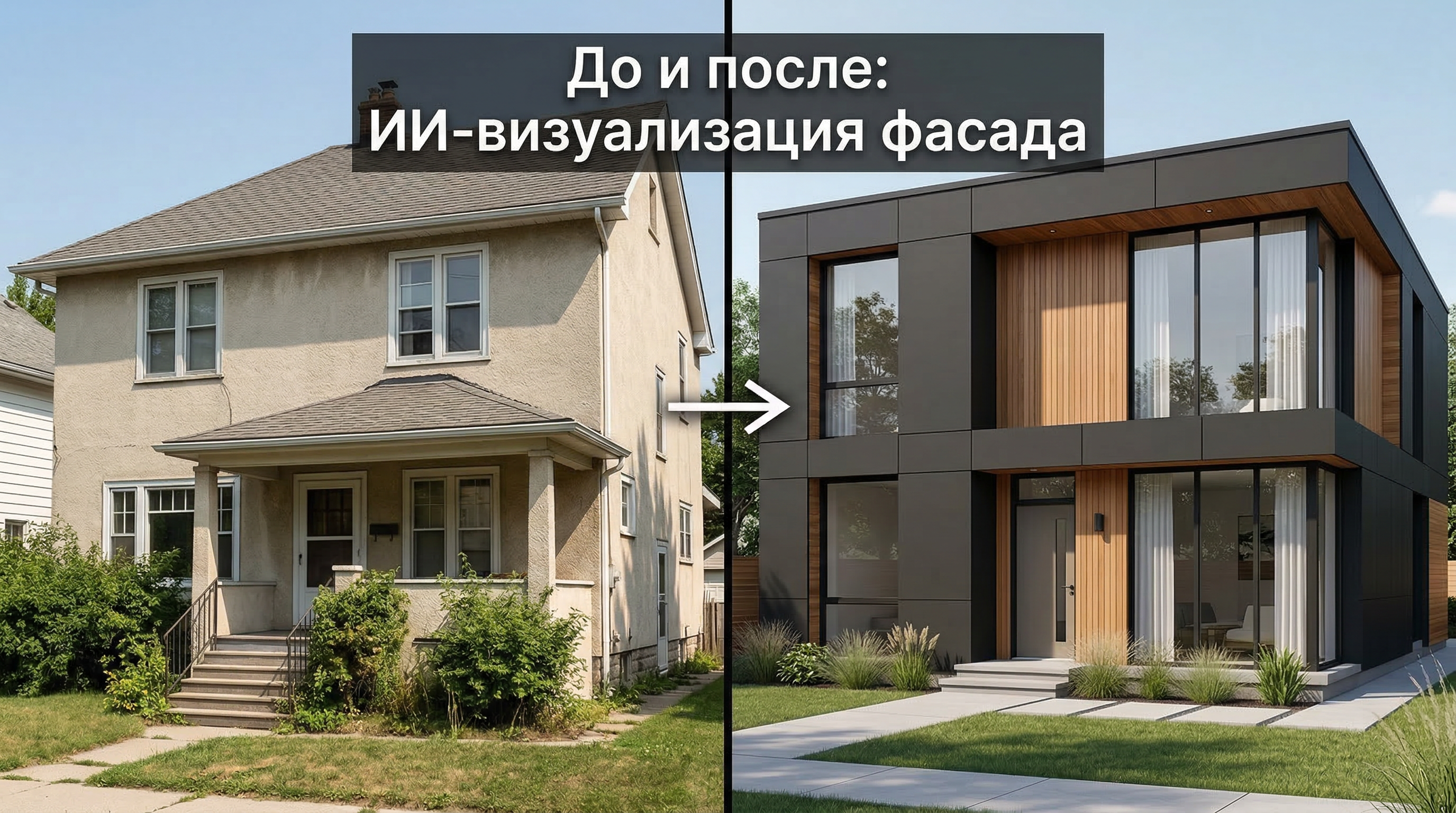 До и после: старый дом с обычным фасадом и его визуализация в современном стиле с помощью ИИ