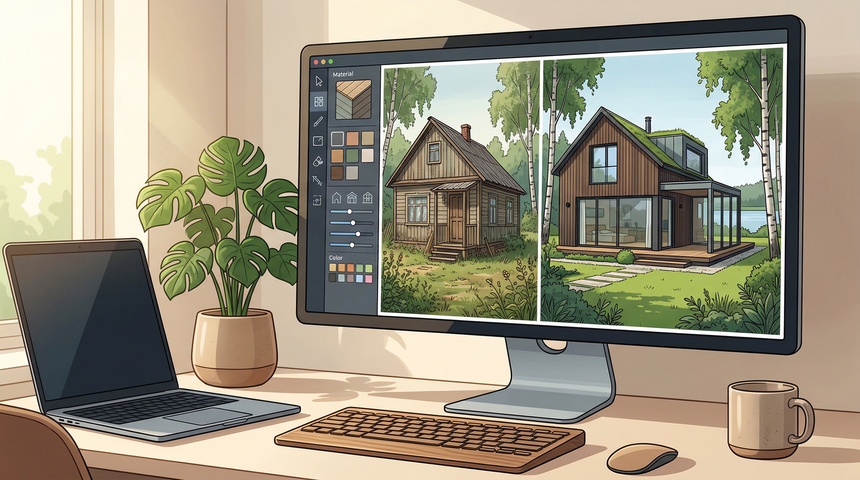 ИИ-визуализация дизайна фасада на экране компьютера — интерфейс с вариантами стилей