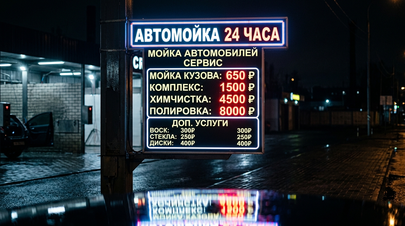 Подсвеченный пилон автомойки ночью крупным планом