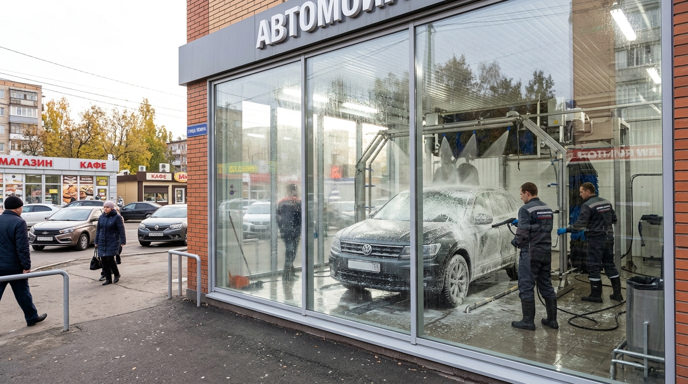 Прозрачный бокс автомойки: виден процесс мойки с пеной и водой