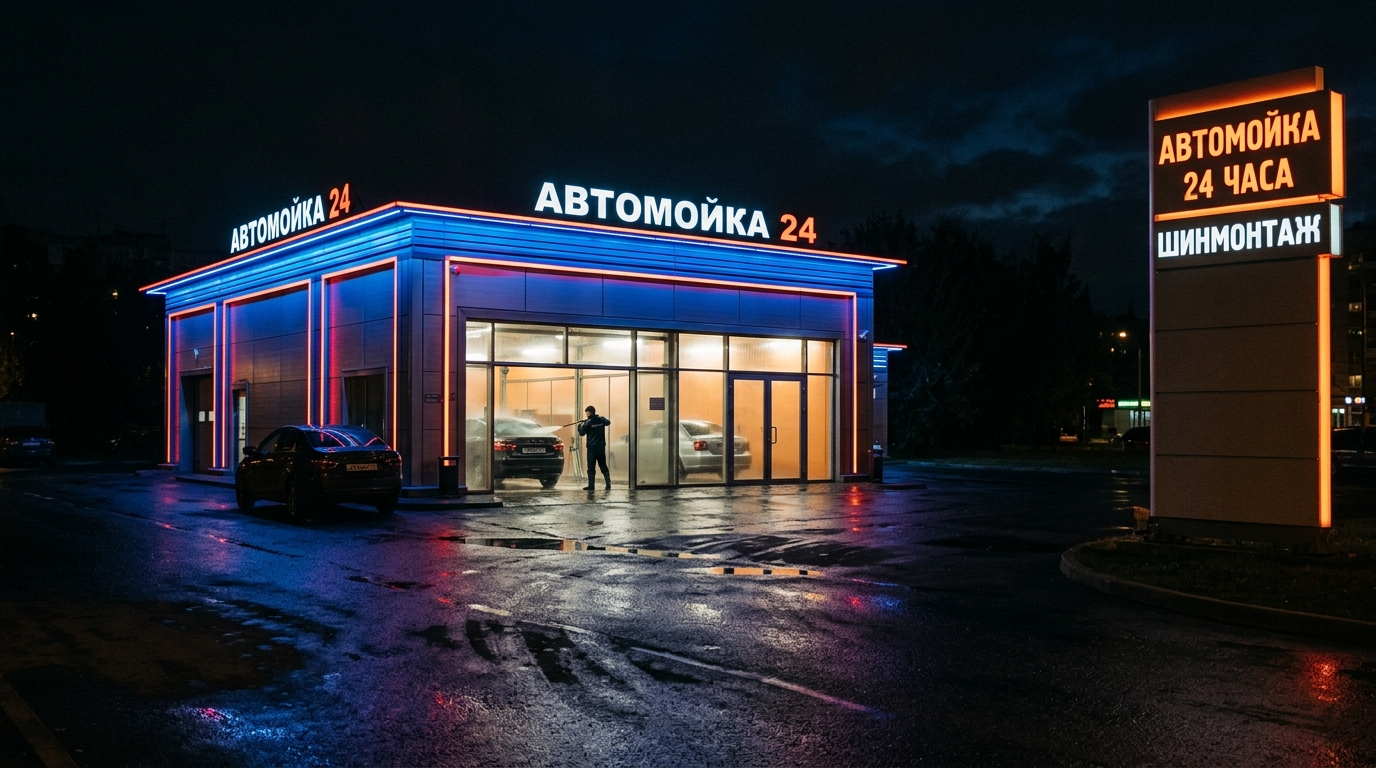 Автомойка вечером: подсветка вывески, фасада и светящийся изнутри бокс