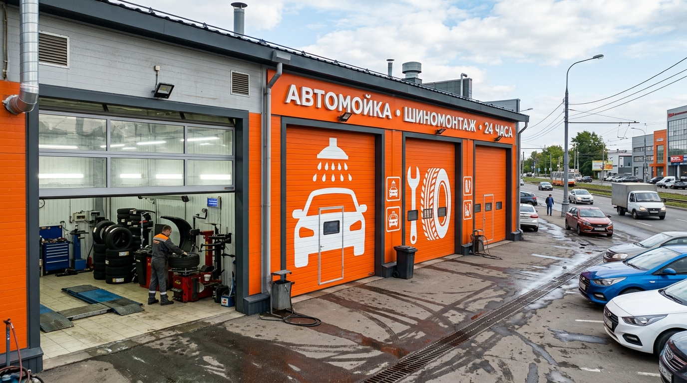 Брендированные секционные ворота автомойки и шиномонтажа с пиктограммами
