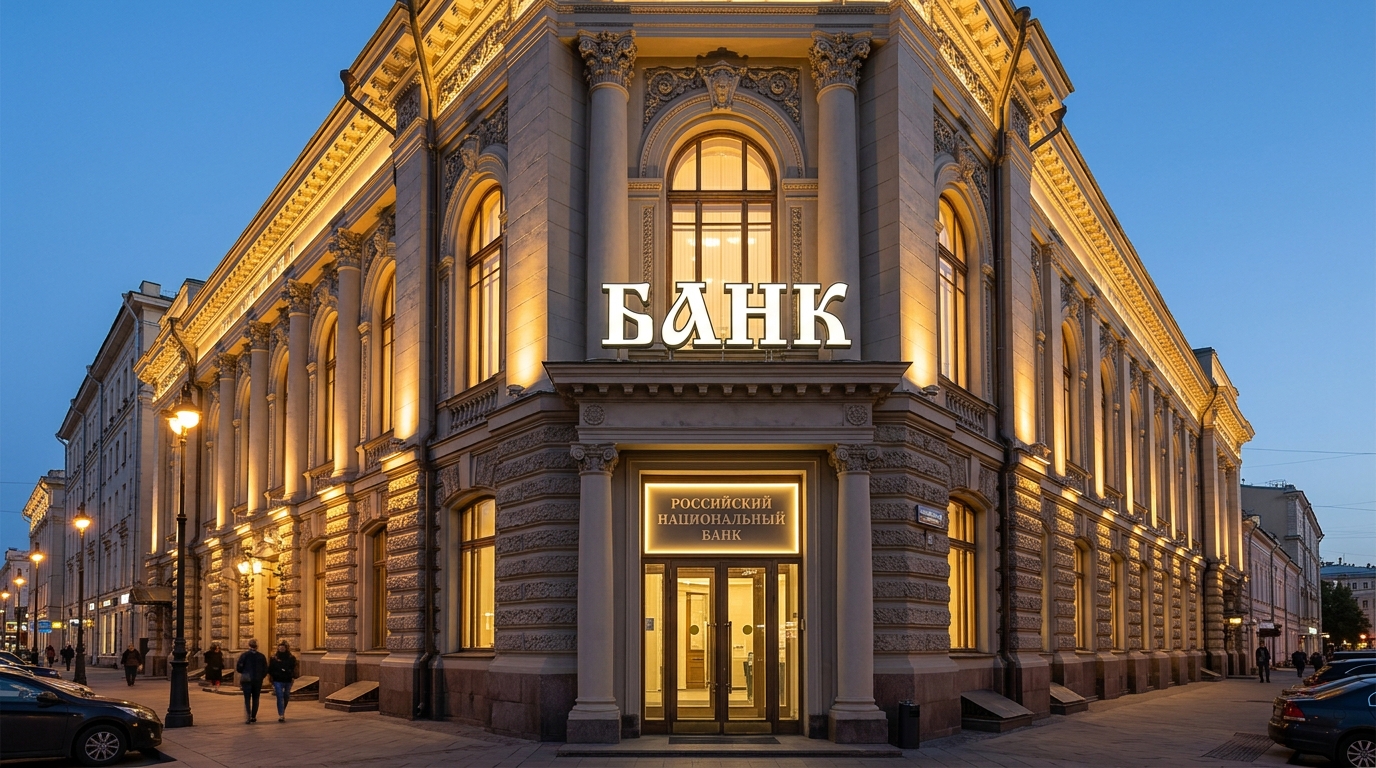 Освещение фасада банка вечером