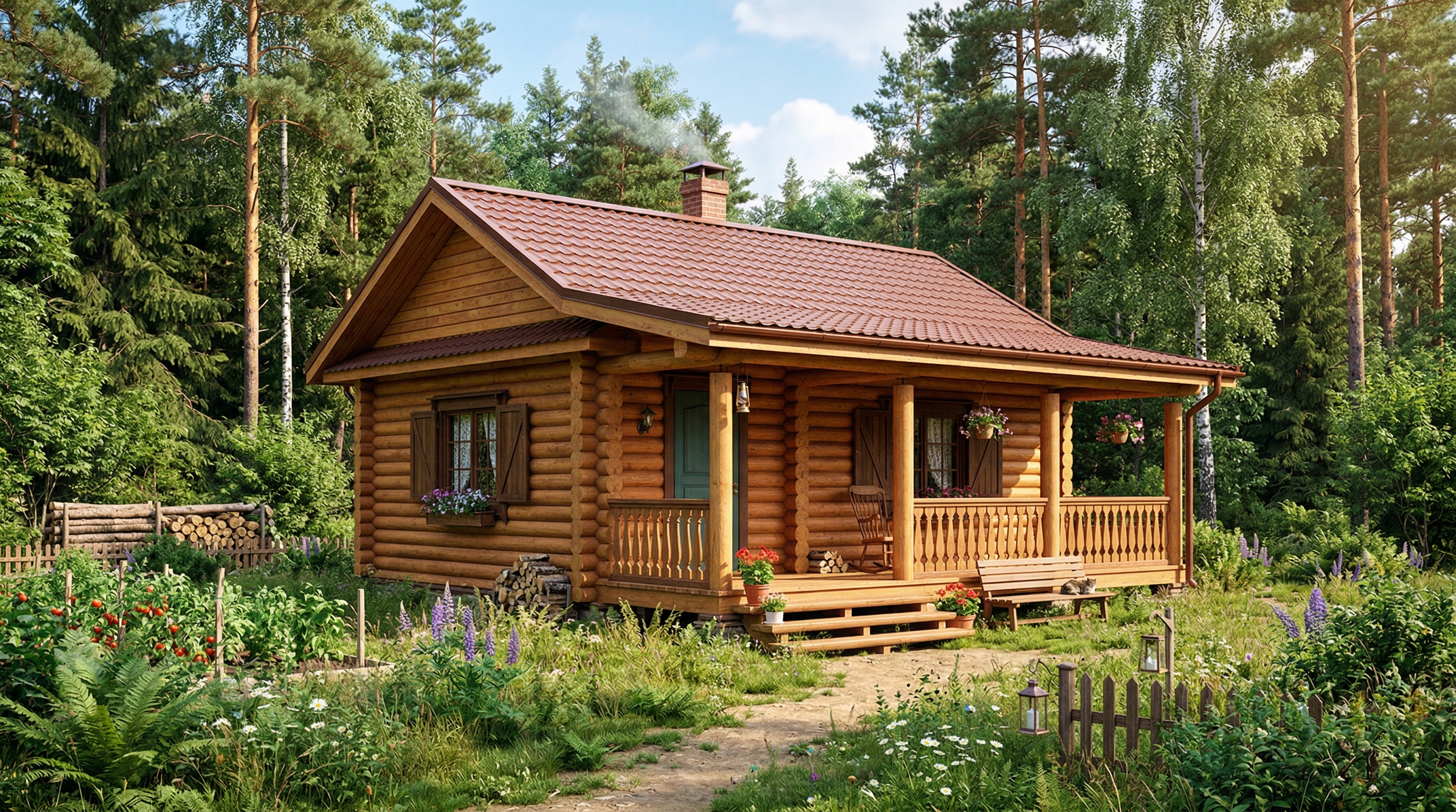 Дачный дом с фасадом из деревянного блок-хауса медового оттенка