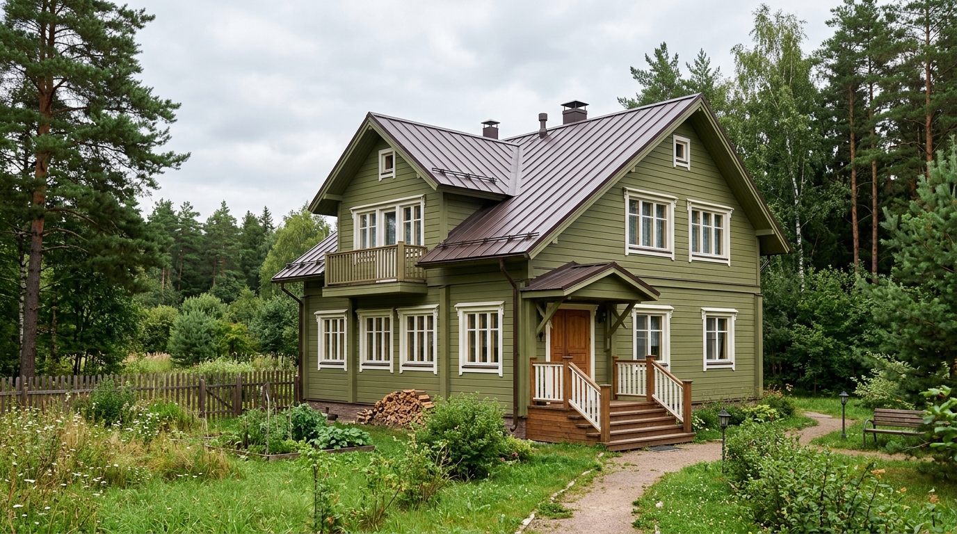 Коричневая крыша и оливковый фасад — характерный фасад
