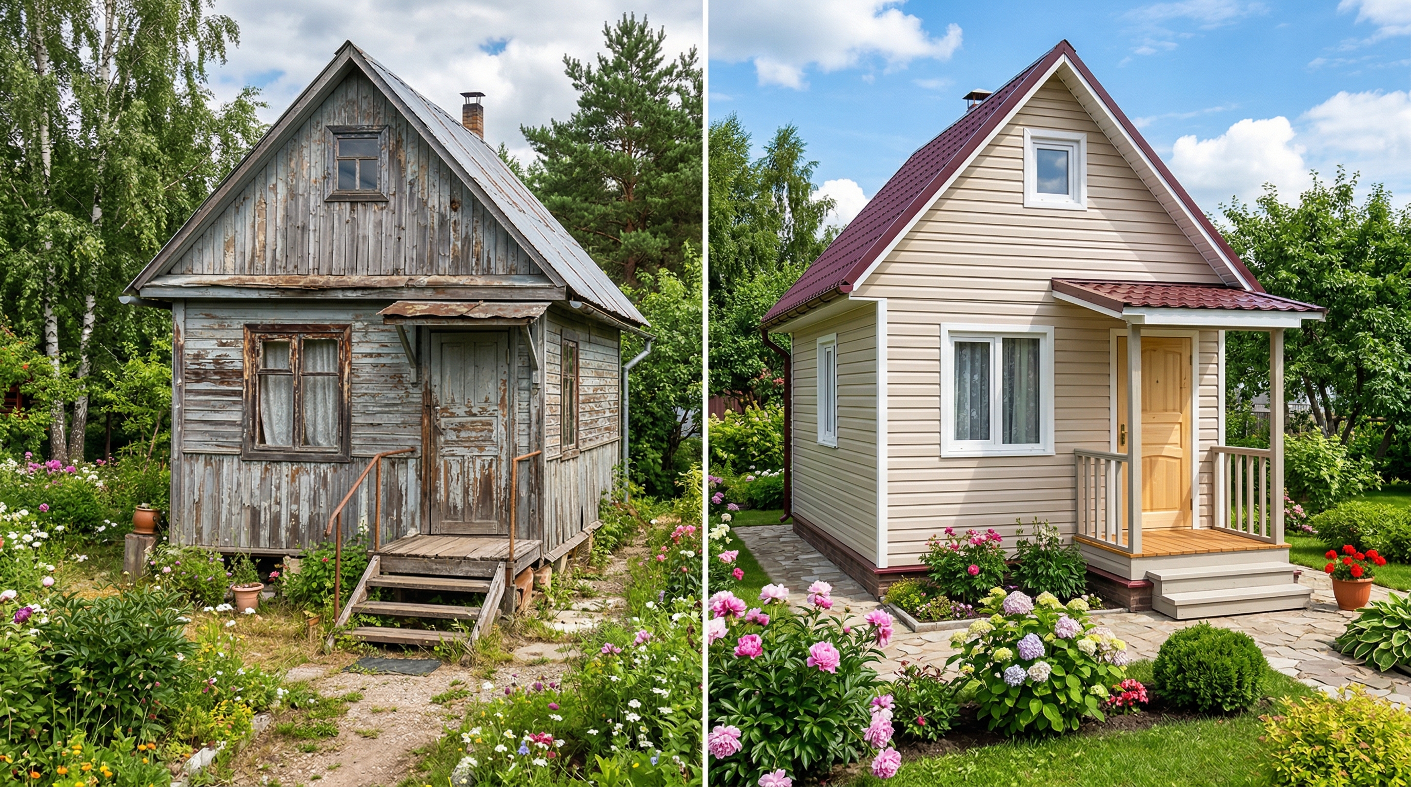 Дачный дом до и после обновления фасада — слева старая обшивка, справа свежий сайдинг