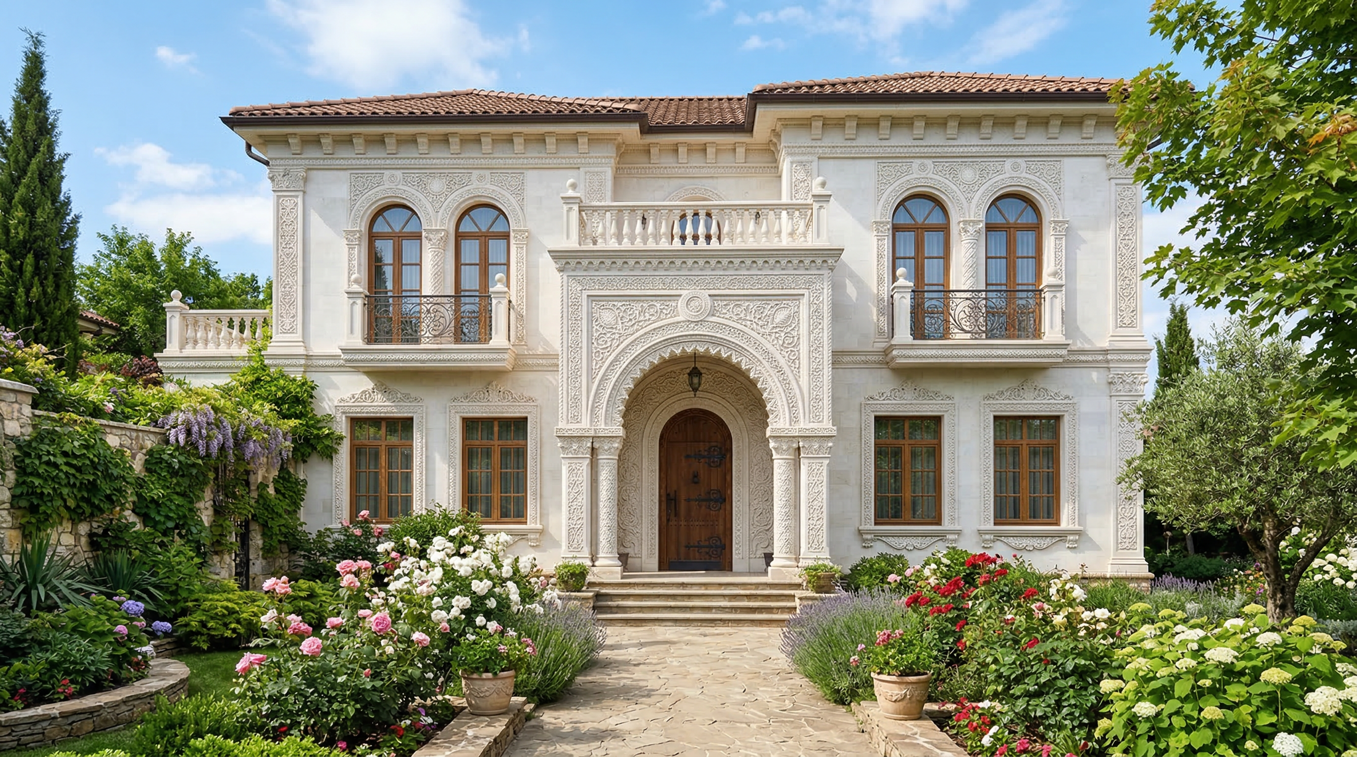 Фасад частного дома из белого дагестанского камня с резными элементами