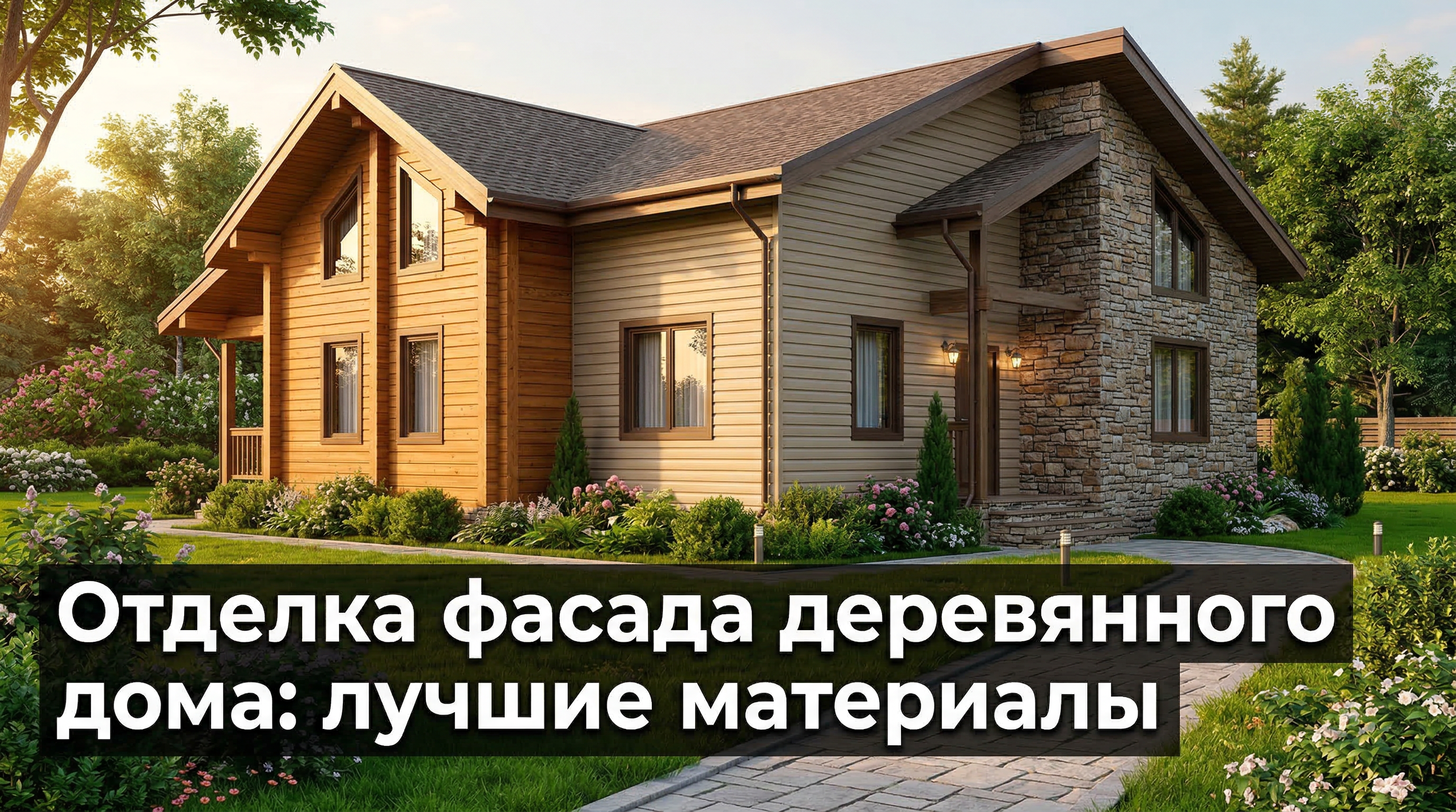Отделка фасада деревянного дома — три вида материалов: дерево, сайдинг, камень