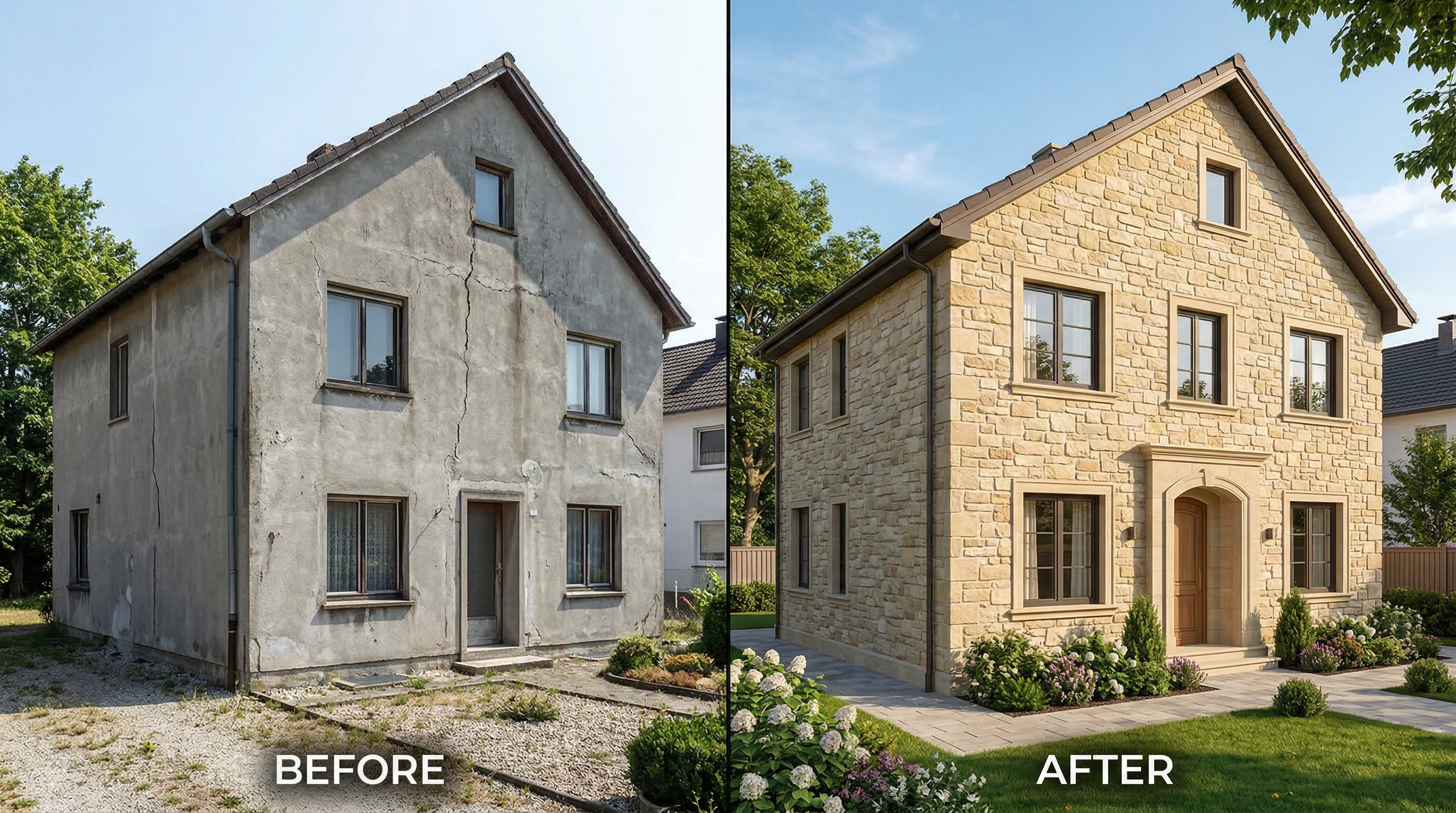 Сравнение фасада до и после облицовки камнем — разница очевидна