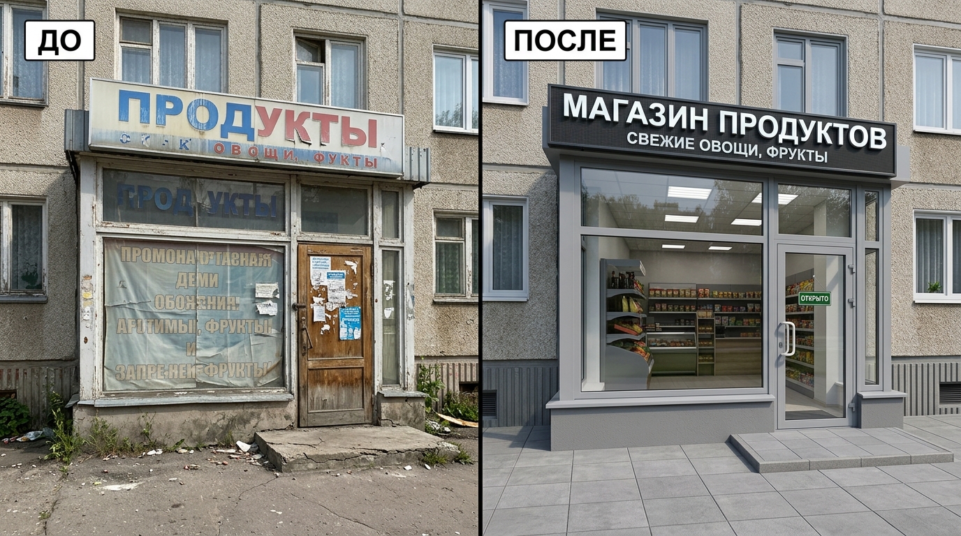 Фасад магазина до и после: одно здание в двух состояниях