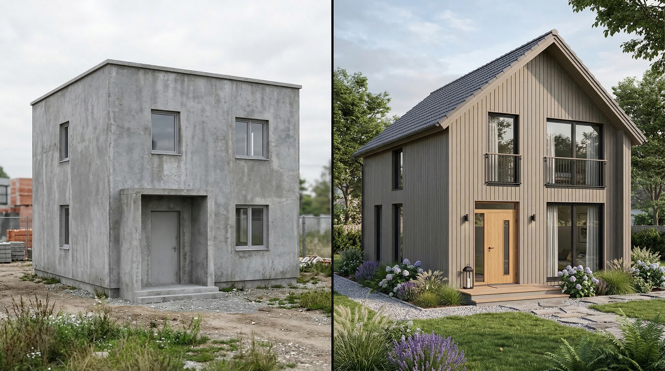 Трансформация фасада: слева — дом без отделки, справа — оформление в скандинавском стиле