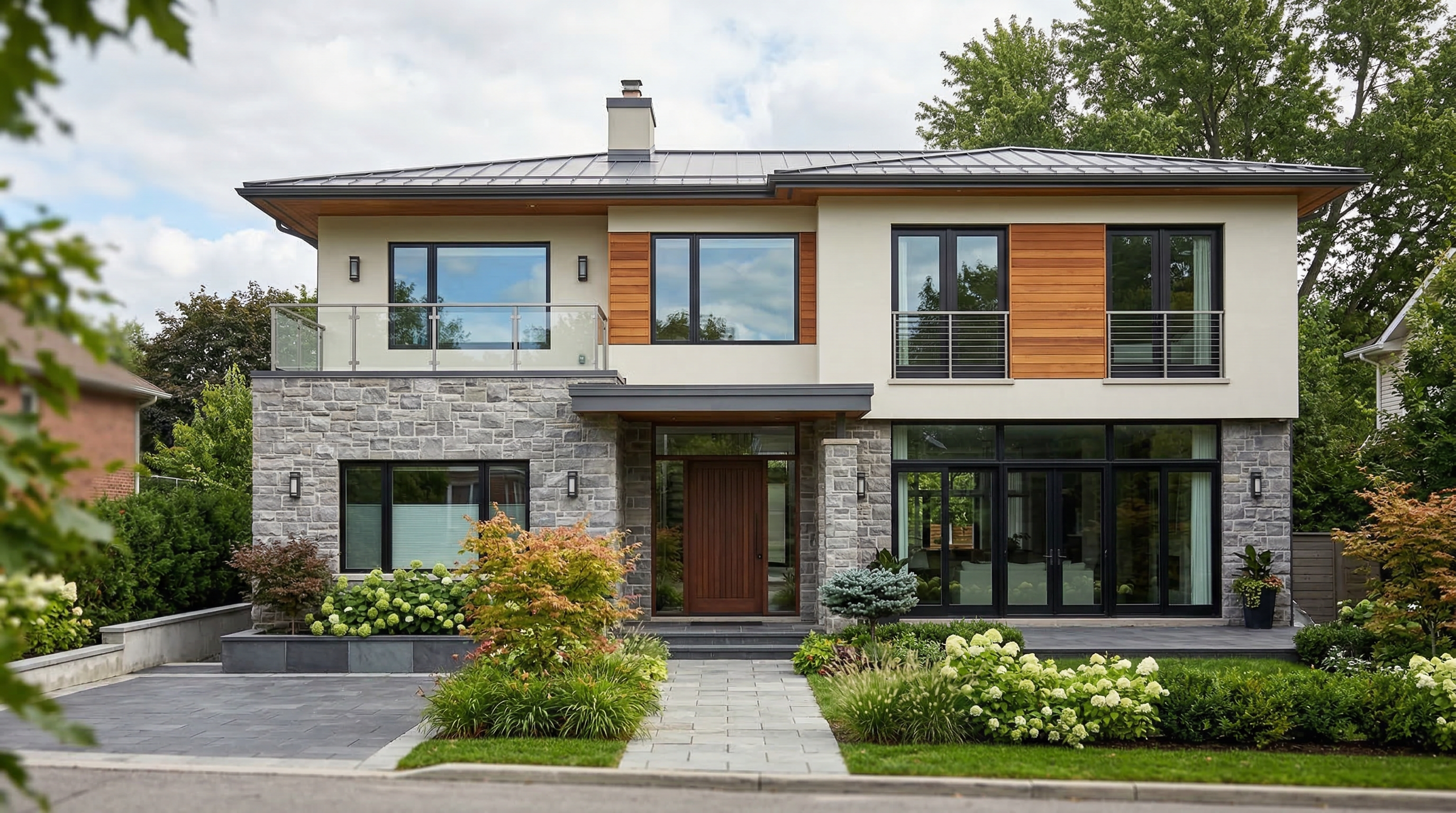 Двухэтажный дом с комбинированным фасадом: камень на первом этаже и штукатурка на втором