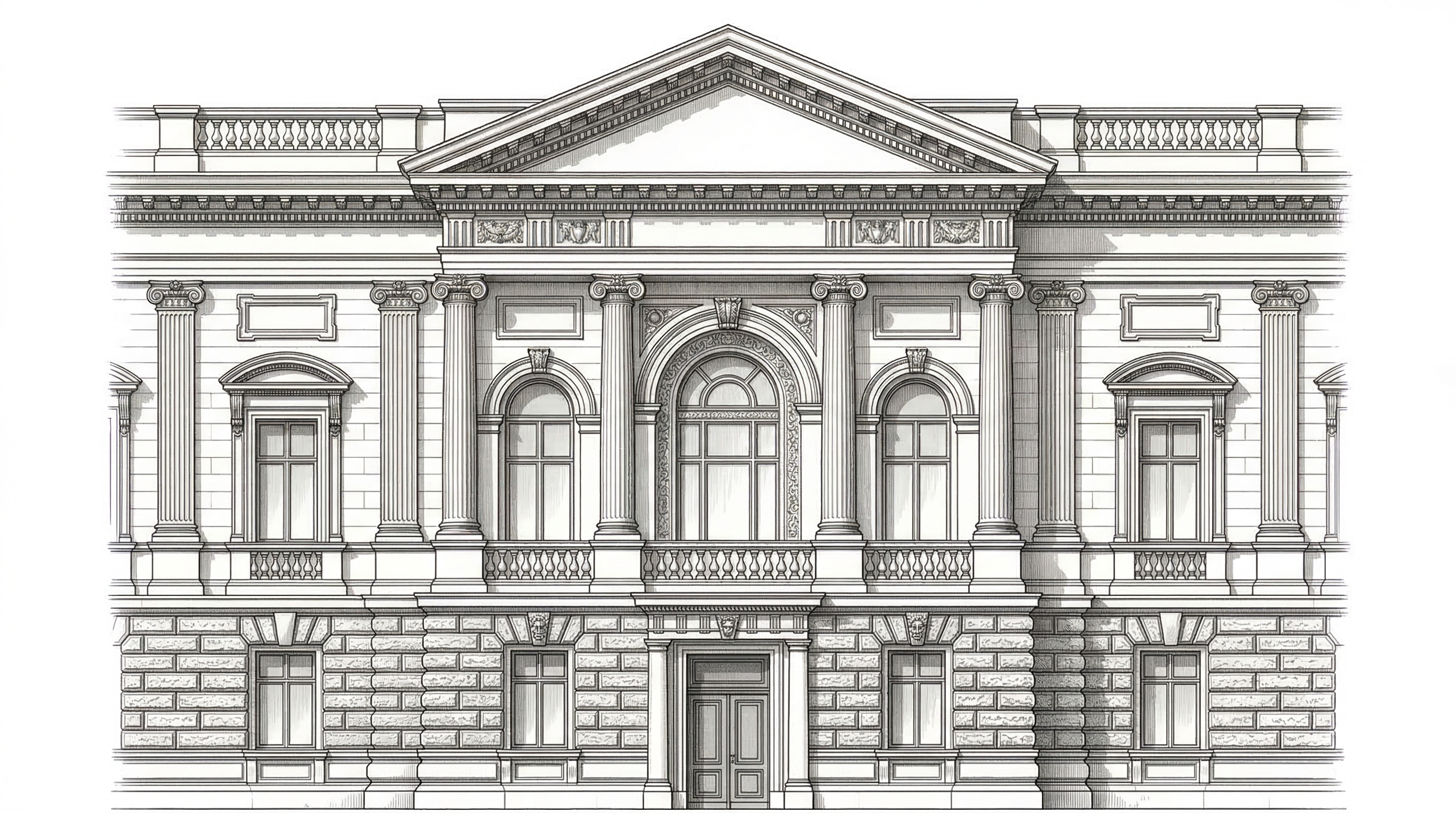 Архитектурный чертёж классического фасада с основными декоративными элементами