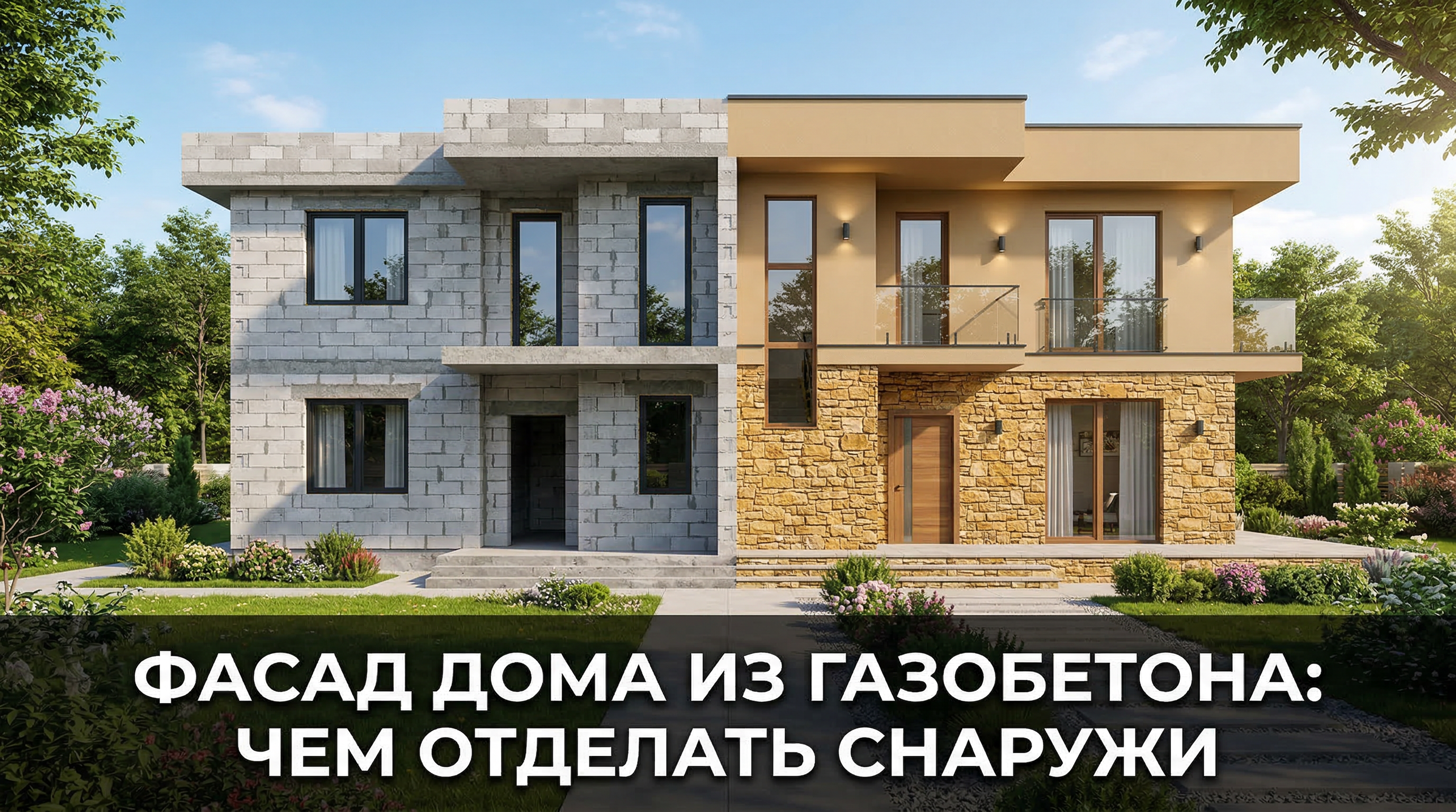 Фасад дома из газобетона: половина стены из газоблоков, половина с декоративной отделкой камнем и штукатуркой