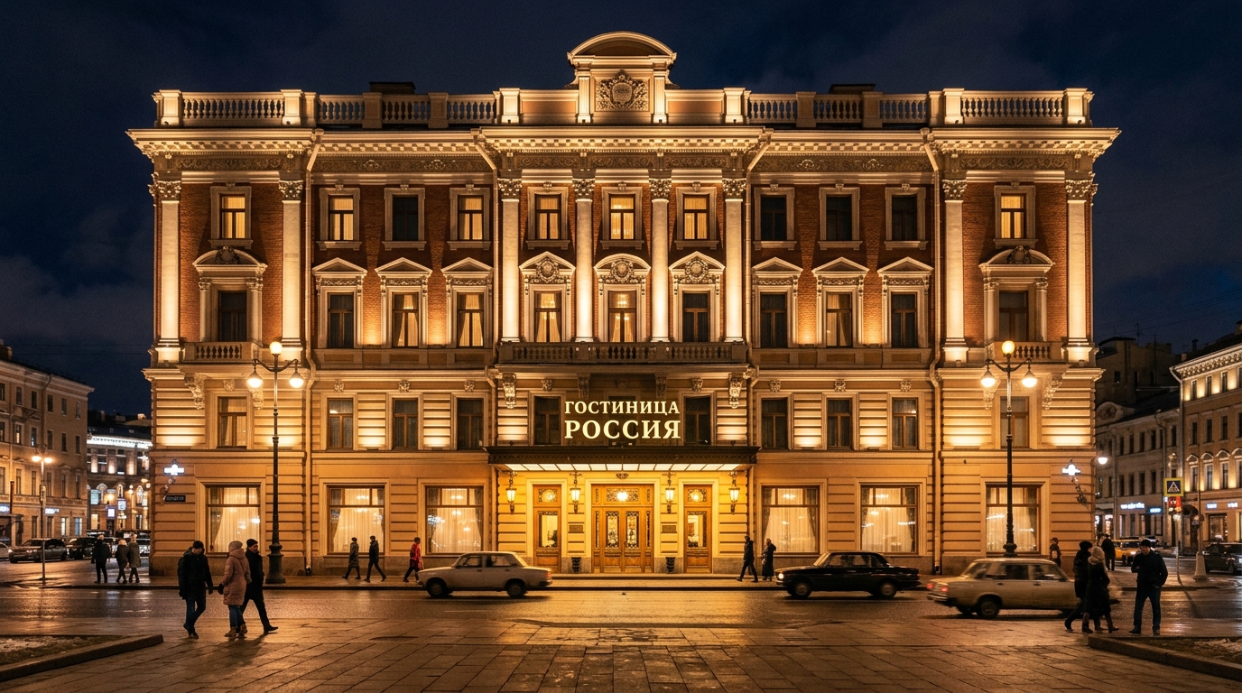 Ночная архитектурная подсветка фасада городской гостиницы