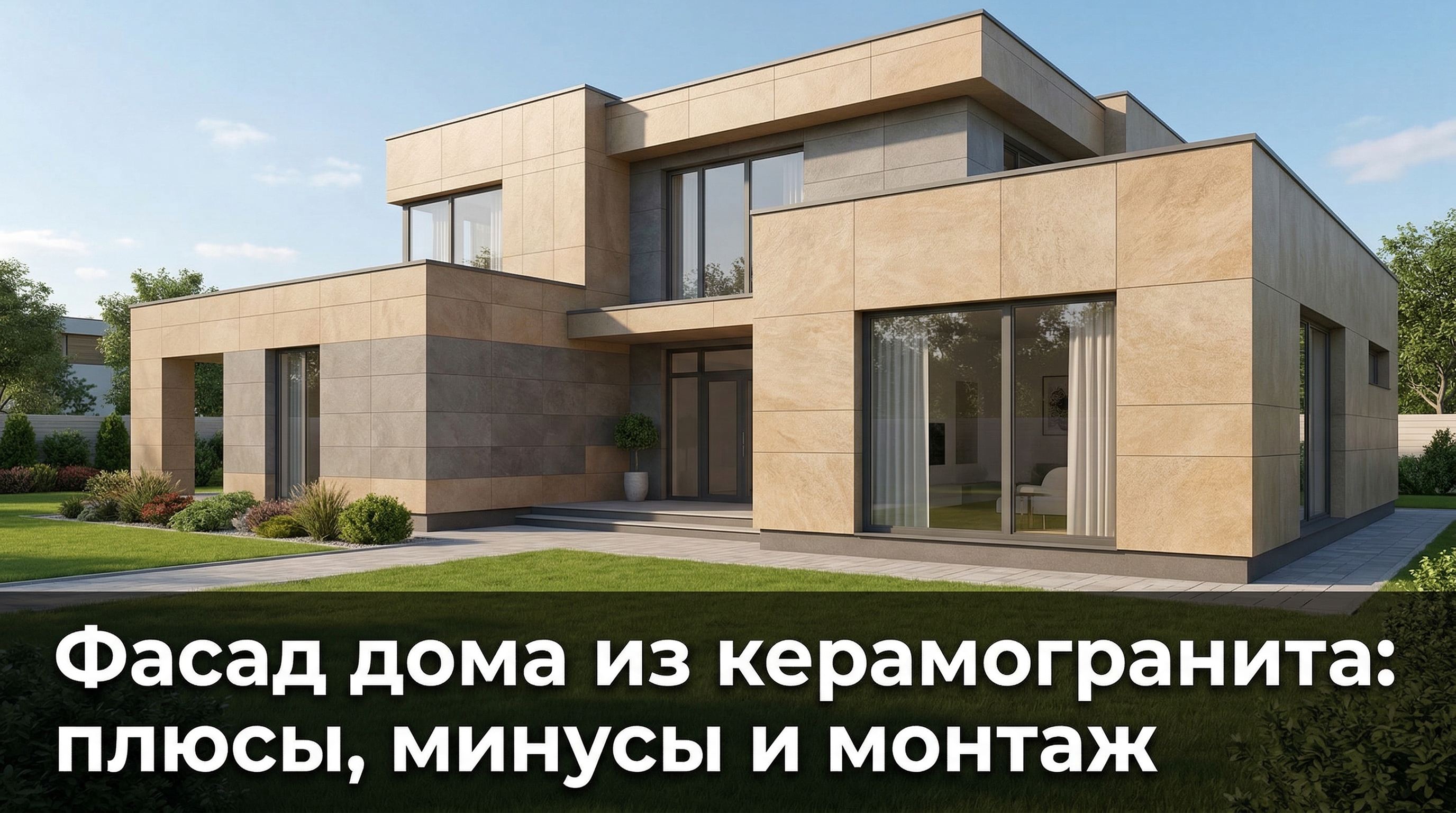 Фасад частного дома из керамогранита — современная облицовка в бежевых тонах