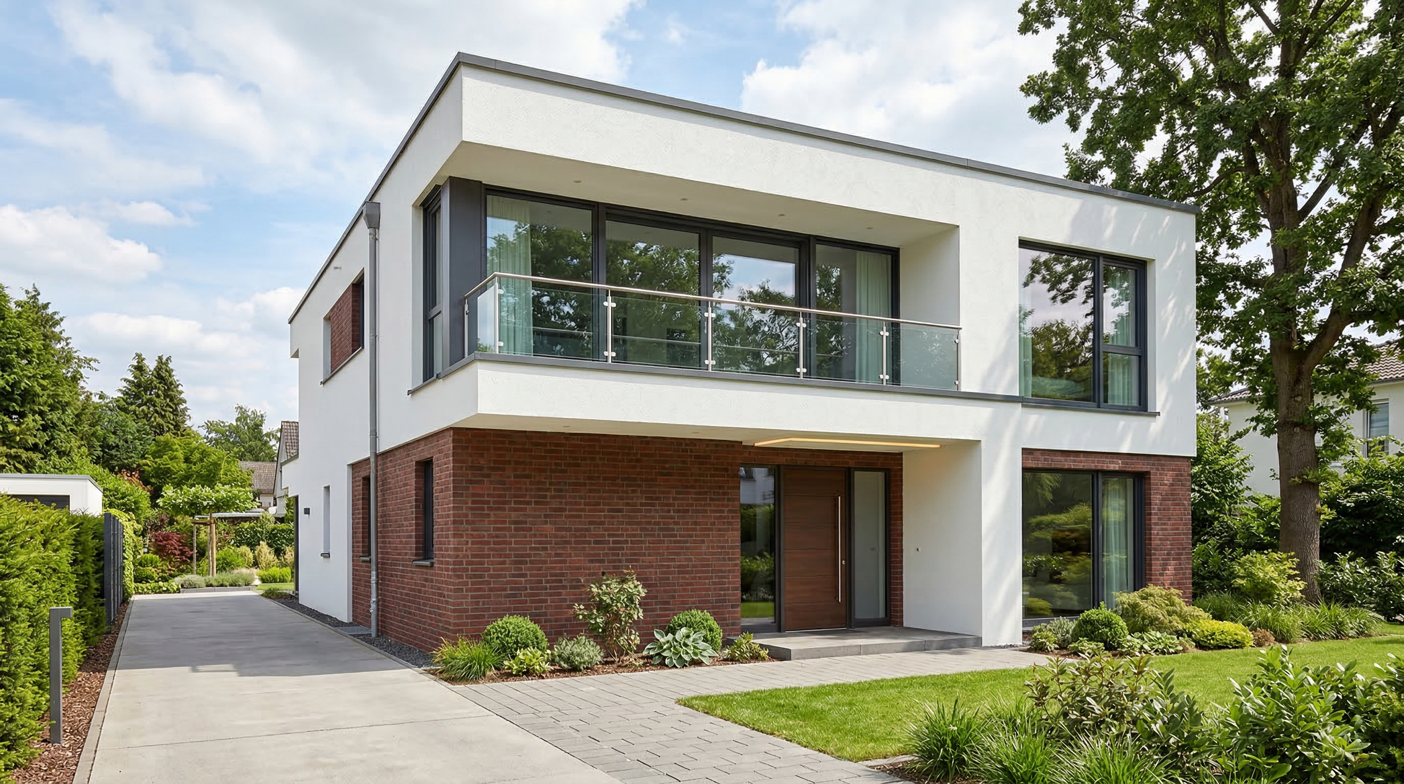 Дом с комбинированным фасадом: кирпич и декоративная штукатурка