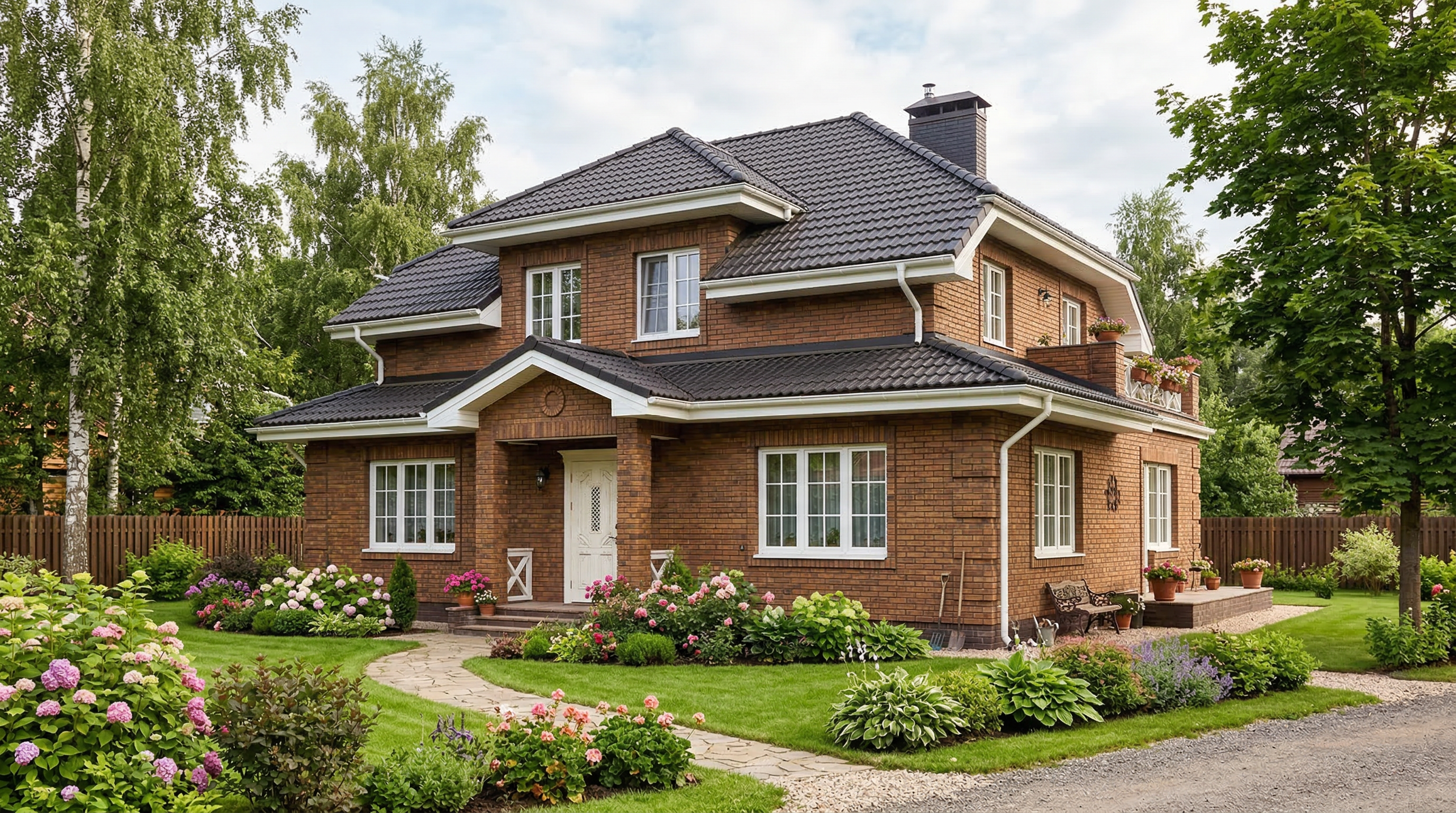 Кирпичный фасад дома — облицовочный кирпич тёплых тонов с белыми оконными рамами