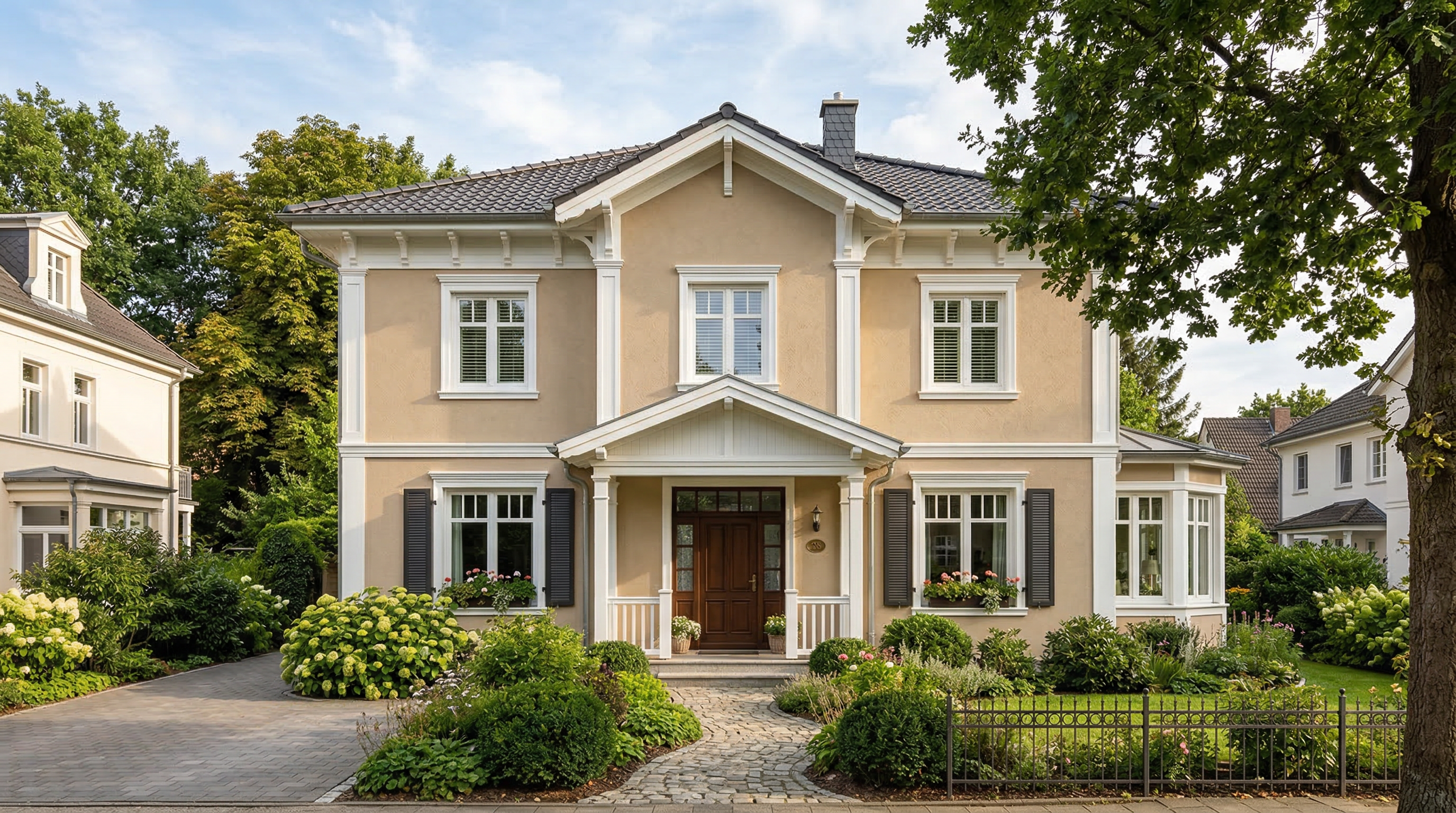 Фасад дома в классическом стиле — симметрия, декоративные молдинги и тёплые тона