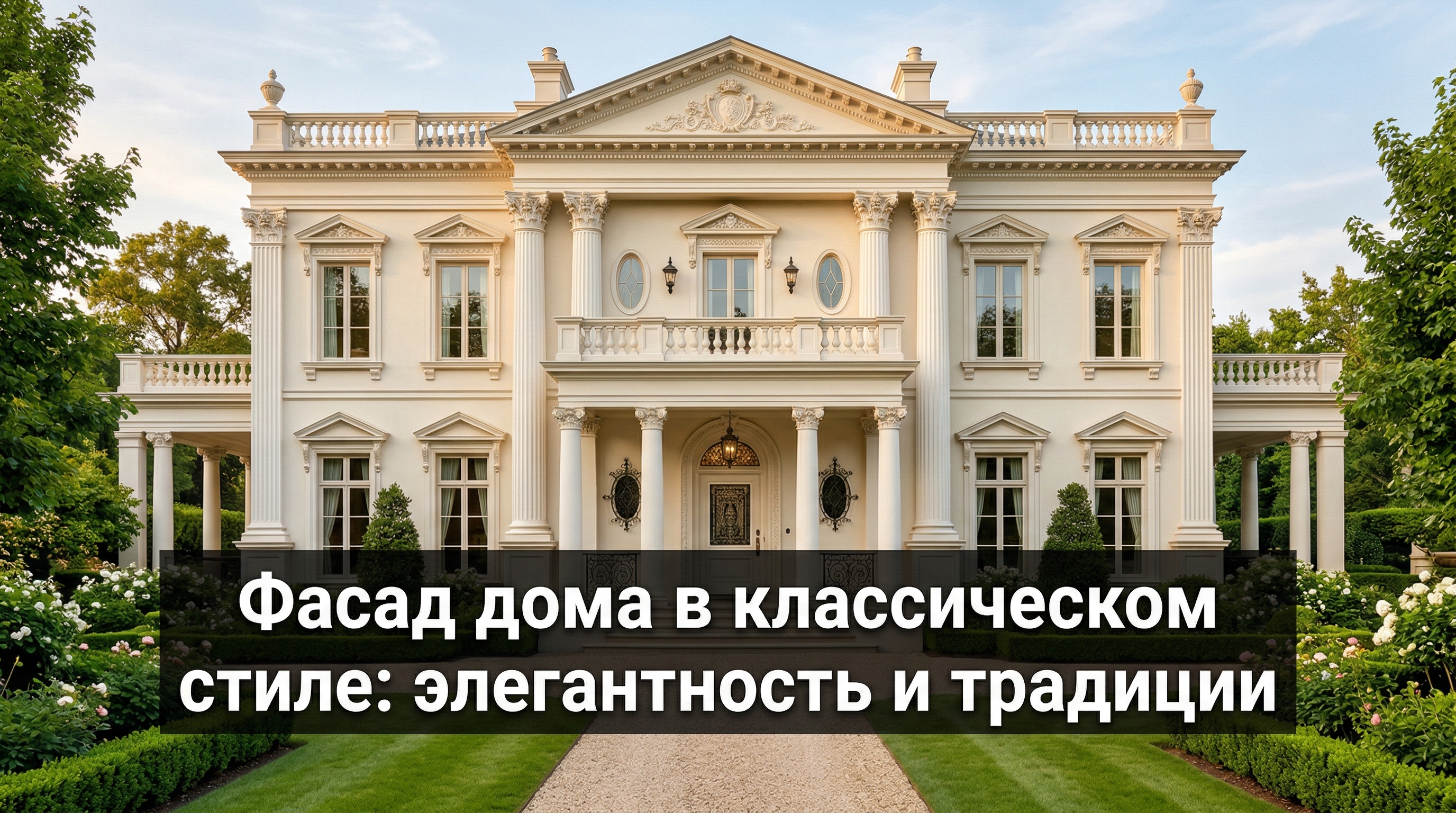 Фасад дома в классическом стиле — белые колонны, балюстрада