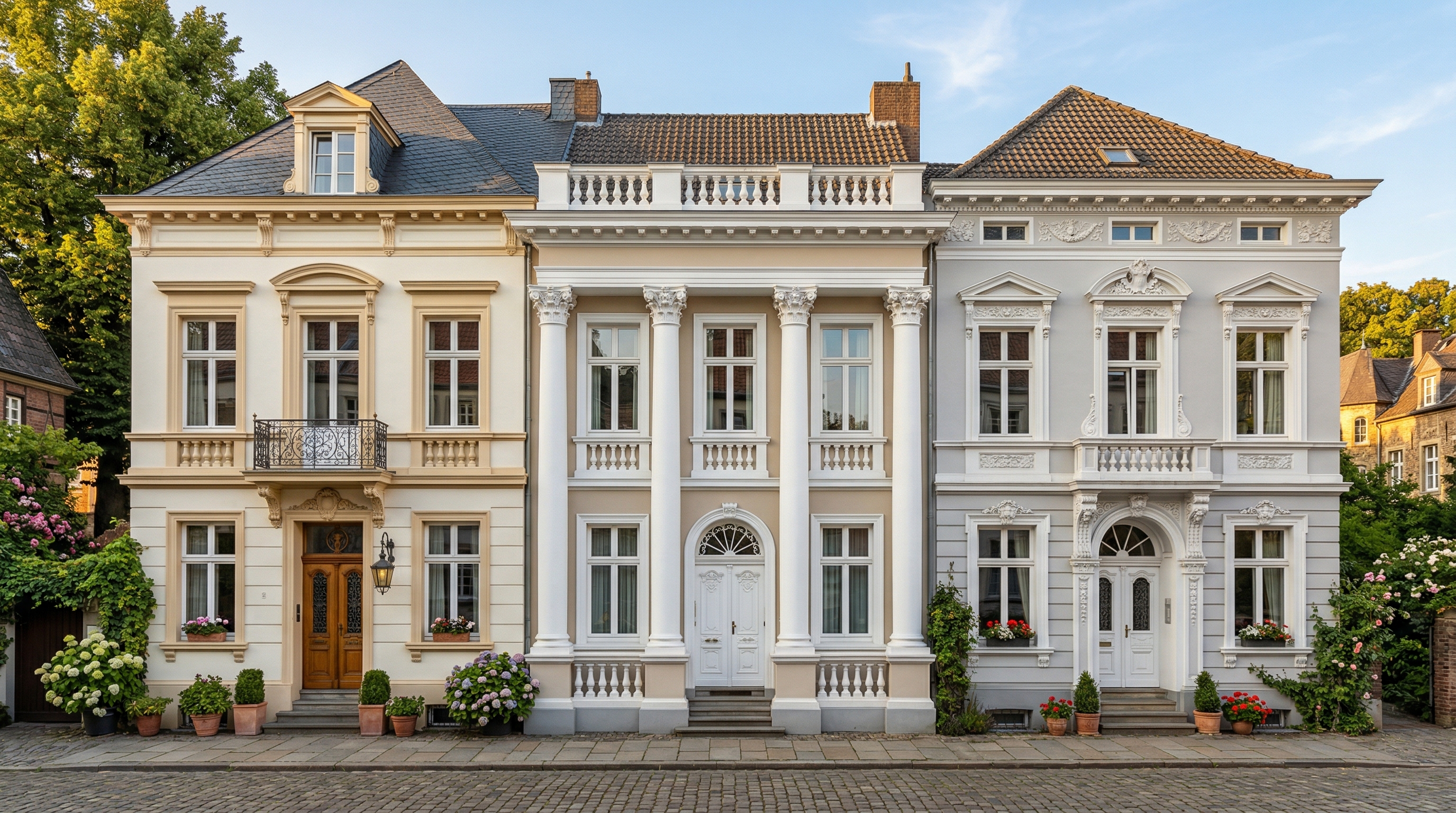 Классические фасады в трёх цветовых решениях: кремовый, слоновая кость, светло-серый